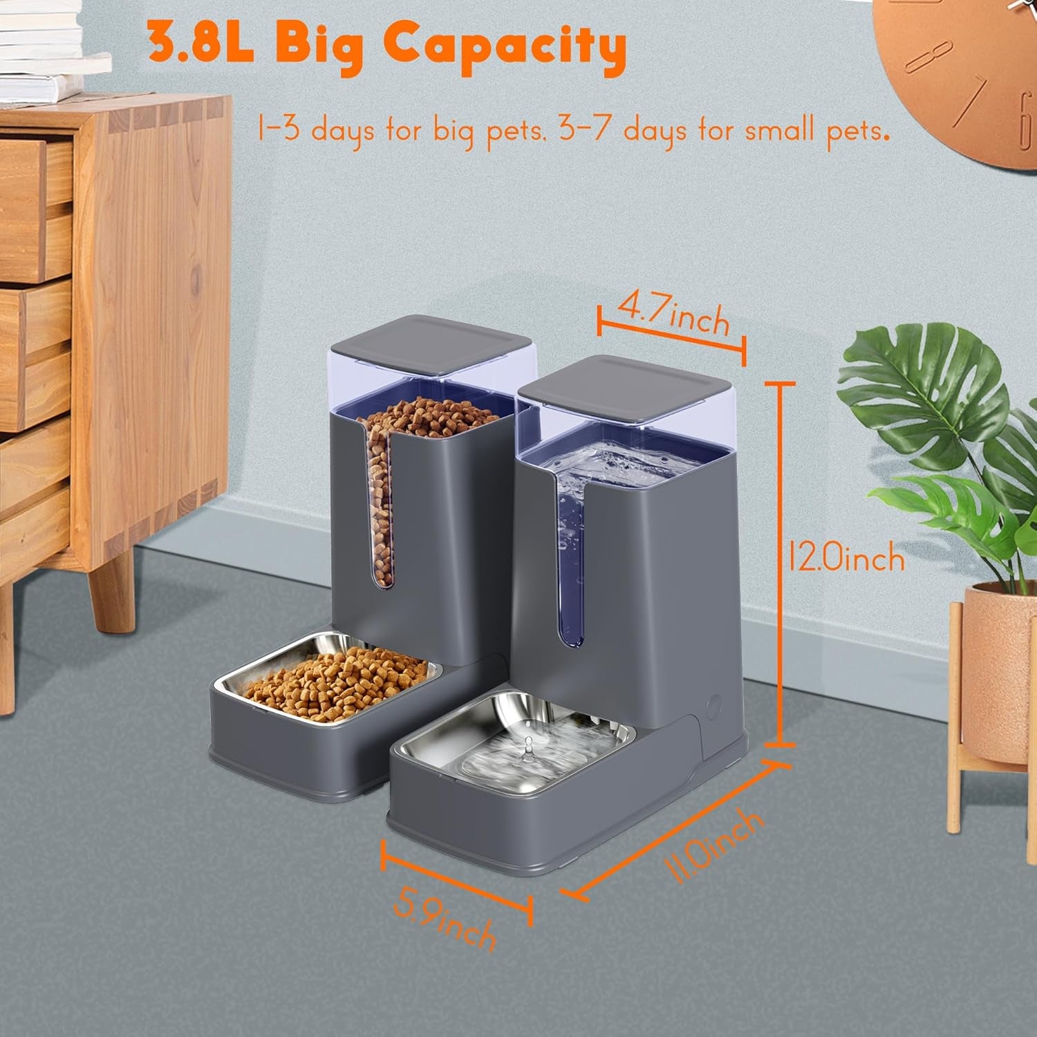 Automatic Cat and Dog Feeder Set, 2 Packs Stainless Steel Automatic Food and Water Dispenser, 3.8 L