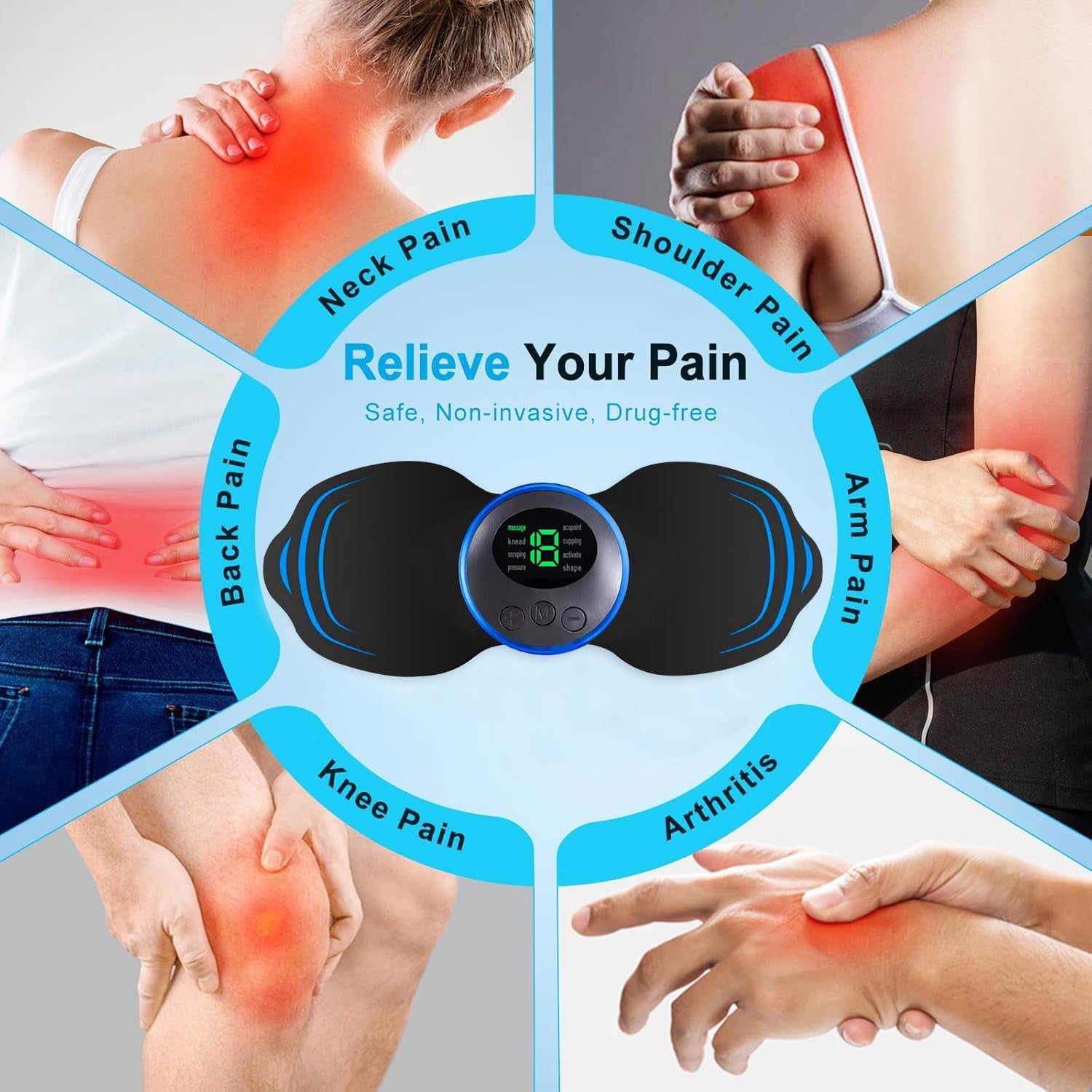 Wirelss TENS Machine for Pain Relief, Nerve Muscle Stimulator for Pain Management with 8 Modes,19 Levels, Mini Neck Massager,Rechargeable TENS Unit for Back,Neck,Shoulder,Knee,Body