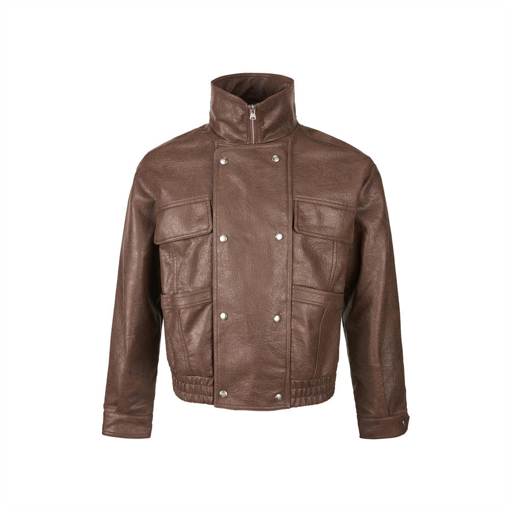 Stand collar short leather jacket for men