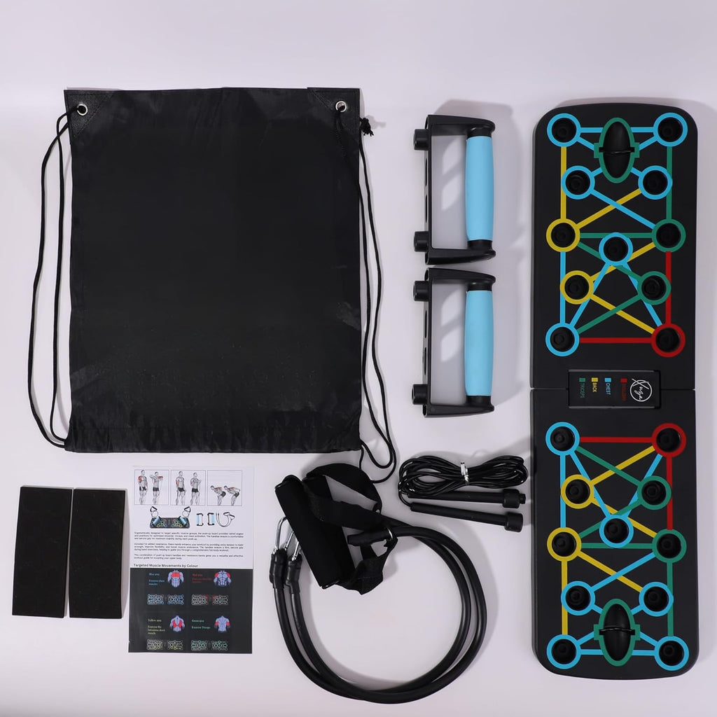 Push up Board with Jump Rope | Multi-Function Foldable Portable Press up Board - Ultimate Home Gym Set, Storage Bag, Resistance Bands & Workout Guide - Great Gift for Men & Women