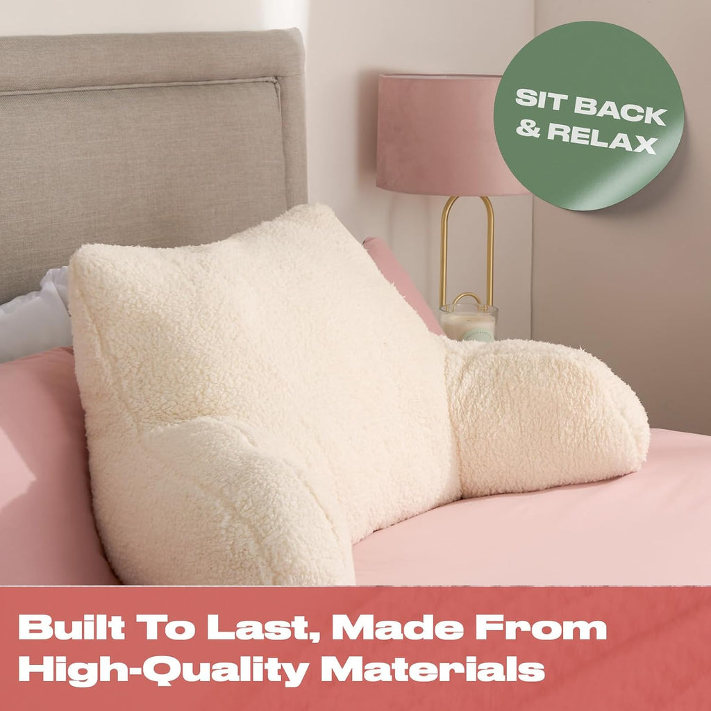 Reading Pillow Teddy Fleece Cream, Cuddle Cushion for Adults Super Soft Cosy Back Support Cushion with Arms Comfy Back Pillow for Bed Relaxing Comfy
