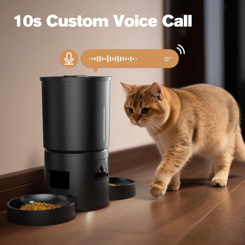 Automatic Cat Feeder with 2 Bowls: 5L Automatic Cat Feeder for 2 Cats with 2.4G Wifi & App Timer for Dry Food -  Dual Bowl Design for Mult Cats & Dogs - Black