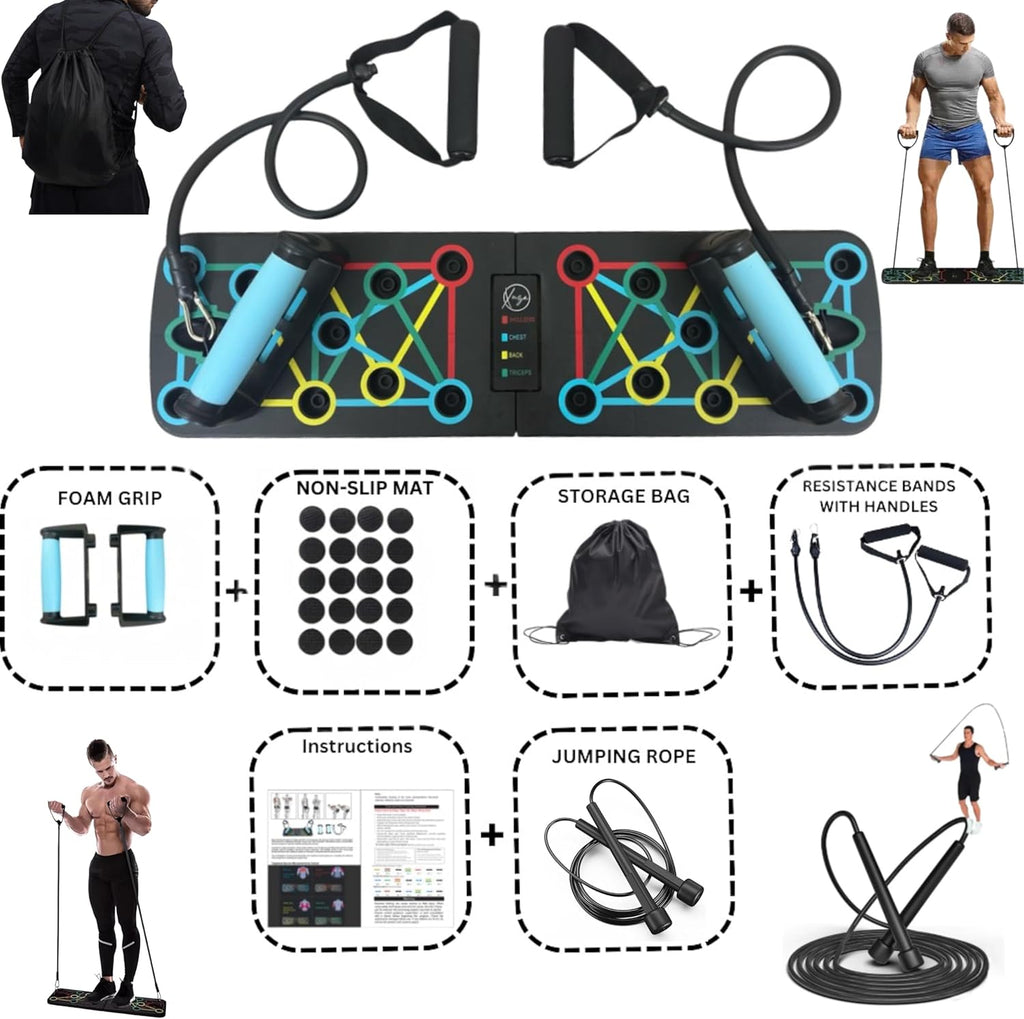 Push up Board with Jump Rope | Multi-Function Foldable Portable Press up Board - Ultimate Home Gym Set, Storage Bag, Resistance Bands & Workout Guide - Great Gift for Men & Women