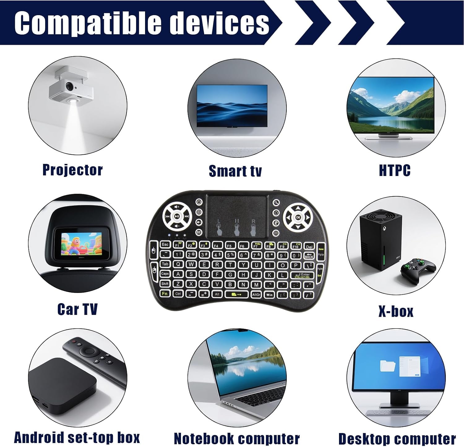 Mini Bluetooth Keyboard with Touchpad, 2.4Ghz Wireless Multimedia Keyboard Handheld Remote, 7 Colors Small Keyboard with Backlit Rechargeable Battery for PC Laptop Smart TV Raspberry Pi KODI TV Box