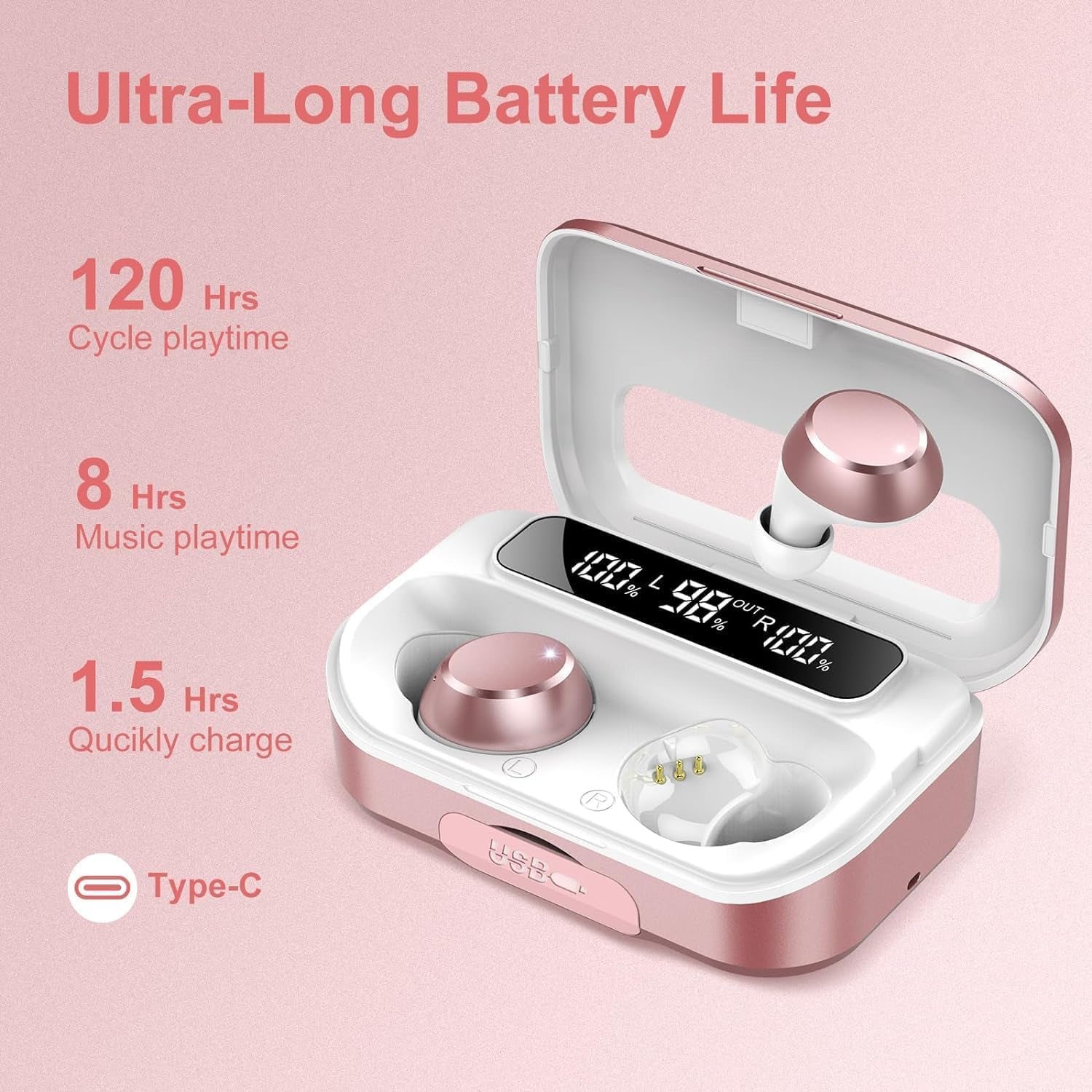 Wireless Earbuds,Bluetooth 5.3 Headphones 2025 Bluetooth Headphones in Ear with 4 ENC Mic, Wireless with LED Display, IP7 Waterproof Headset, 128H Bluetooth Headset, Touch Controls, USB-C