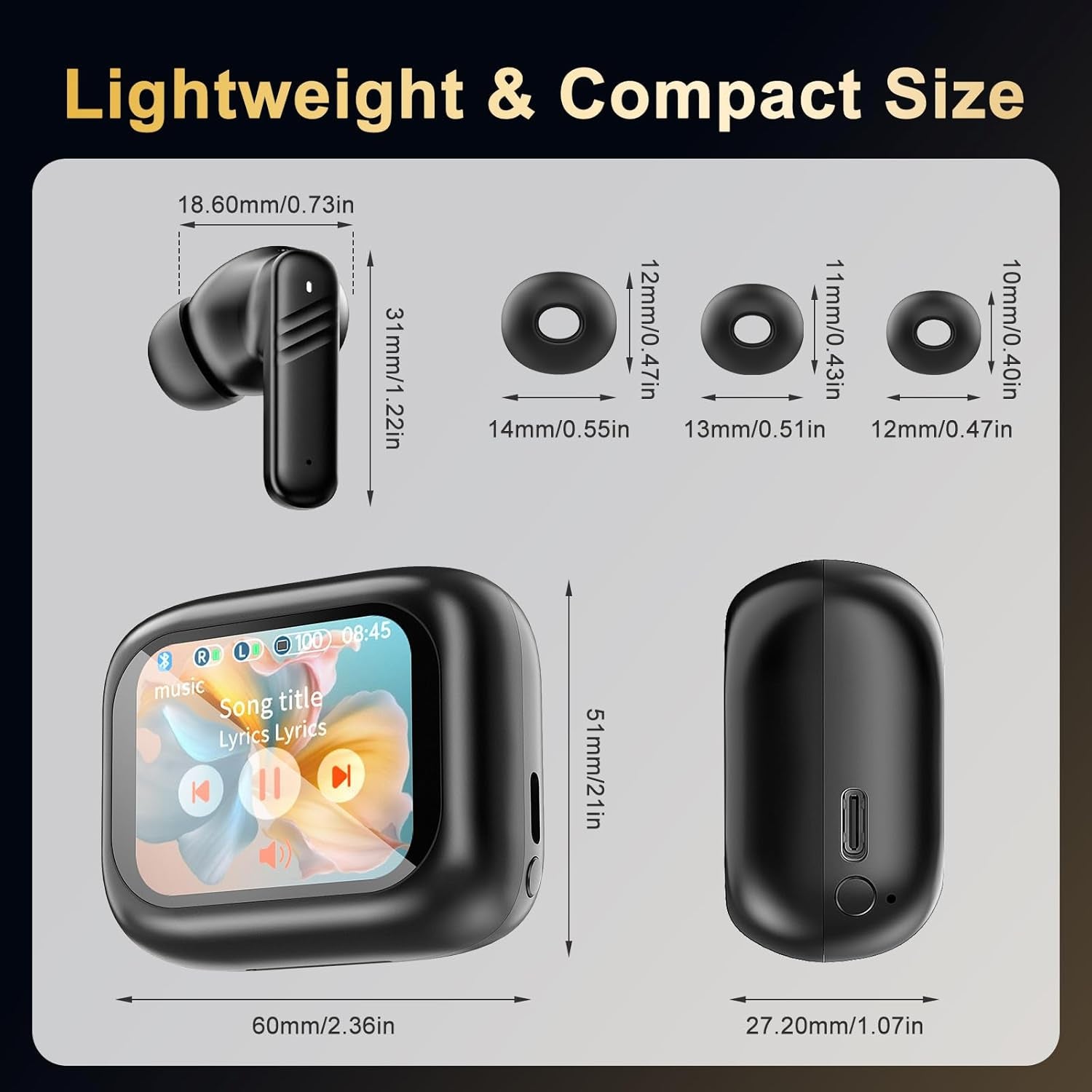 Wireless Earbuds with Smart Touch Screen, in Ear Headphones with 10Mm Drivers for Big Bass, 24H Playtime Hi-Fi Stereo Sound, ANC/ENC ​Noise Cancelling,Ipx5,Earphones for Iphone Android Sports​
