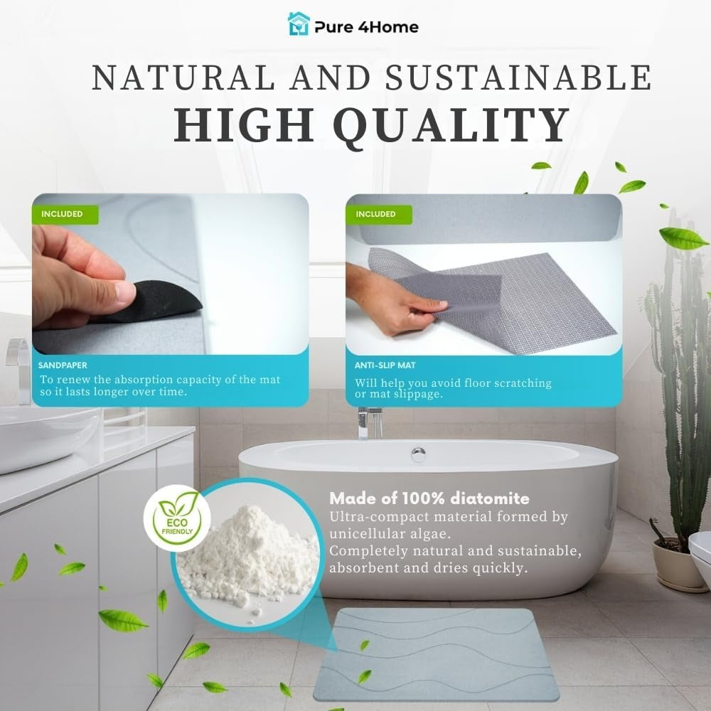 Stone Bath Mat 60 X 39 Cm – Non Slip, anti Mould, Quick Dry, Super Absorbent – Bathroom Stone Mat, Diatomite Stones, Hard Matts – Self Drying Shower, Diatomaceous Earth Bath
