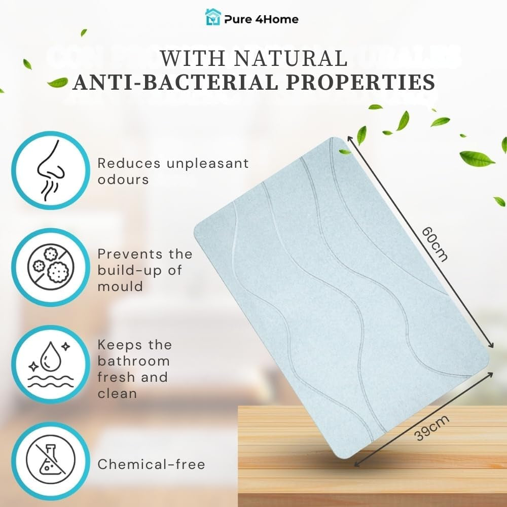 Stone Bath Mat 60 X 39 Cm – Non Slip, anti Mould, Quick Dry, Super Absorbent – Bathroom Stone Mat, Diatomite Stones, Hard Matts – Self Drying Shower, Diatomaceous Earth Bath