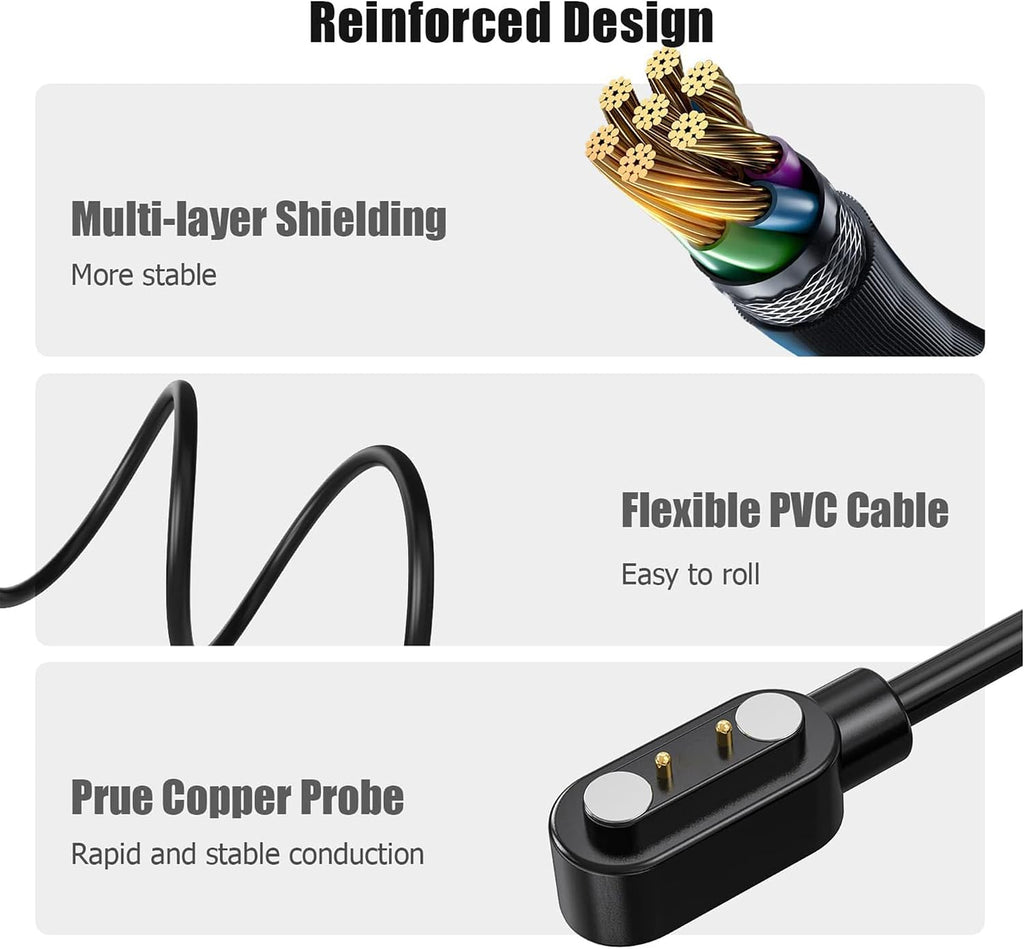 Compatible with Donerton Smartwatch Charger,  Magnetic USB Charging Cable Replacement Charger for Donerton P22/Popglory Smartwatch/Canmixs, Feifuns, Kalinco P22 1.4'' Smartwatch (Black)