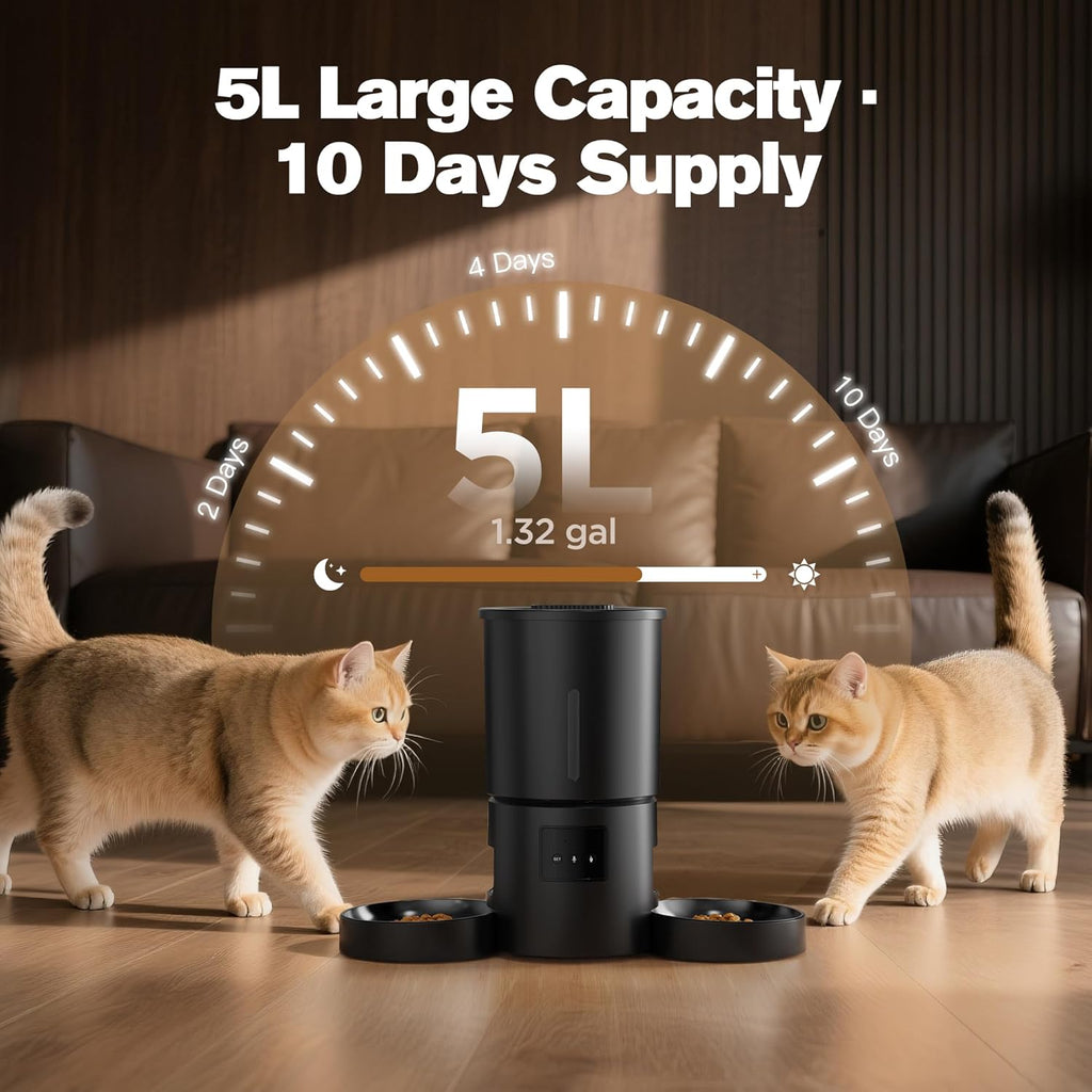 Automatic Cat Feeder with 2 Bowls: 5L Automatic Cat Feeder for 2 Cats with 2.4G Wifi & App Timer for Dry Food -  Dual Bowl Design for Mult Cats & Dogs - Black
