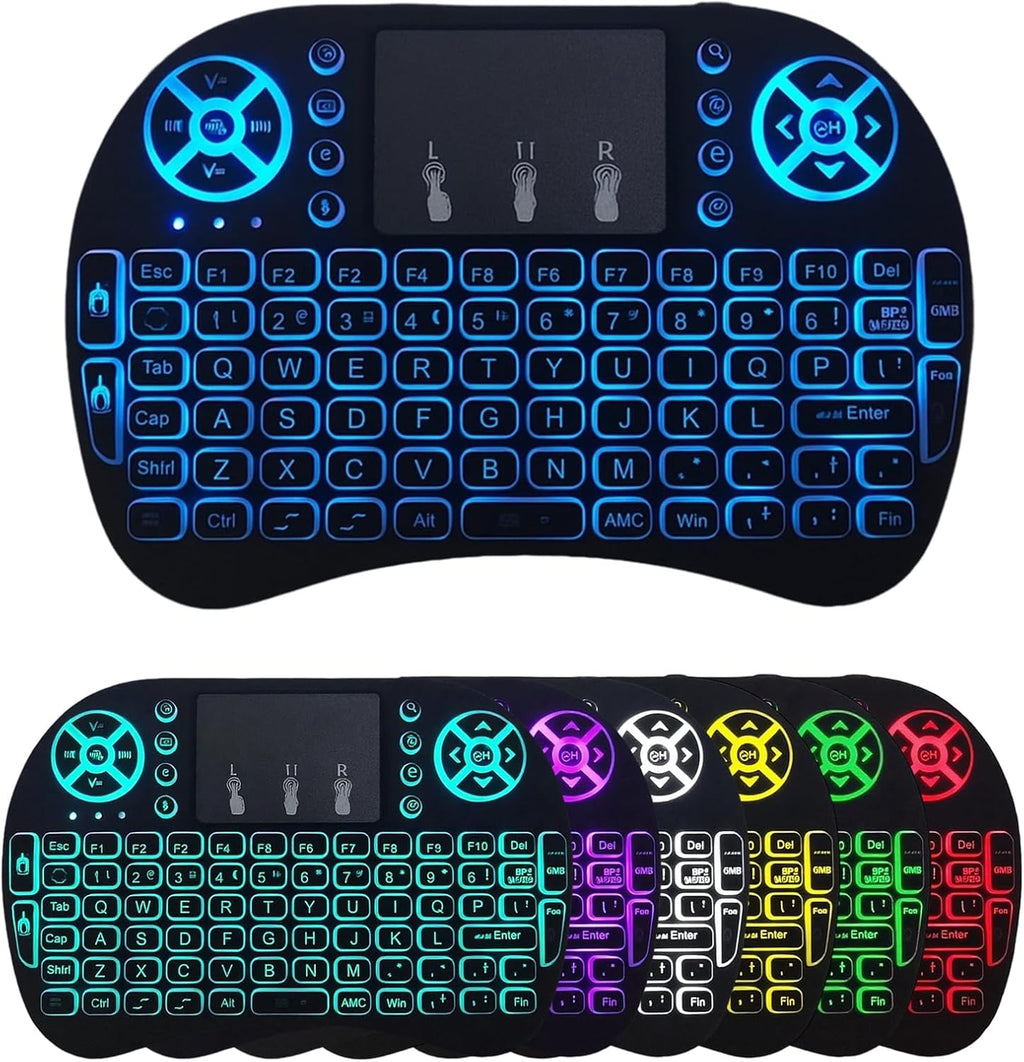Mini Bluetooth Keyboard with Touchpad, 2.4Ghz Wireless Multimedia Keyboard Handheld Remote, 7 Colors Small Keyboard with Backlit Rechargeable Battery for PC Laptop Smart TV Raspberry Pi KODI TV Box