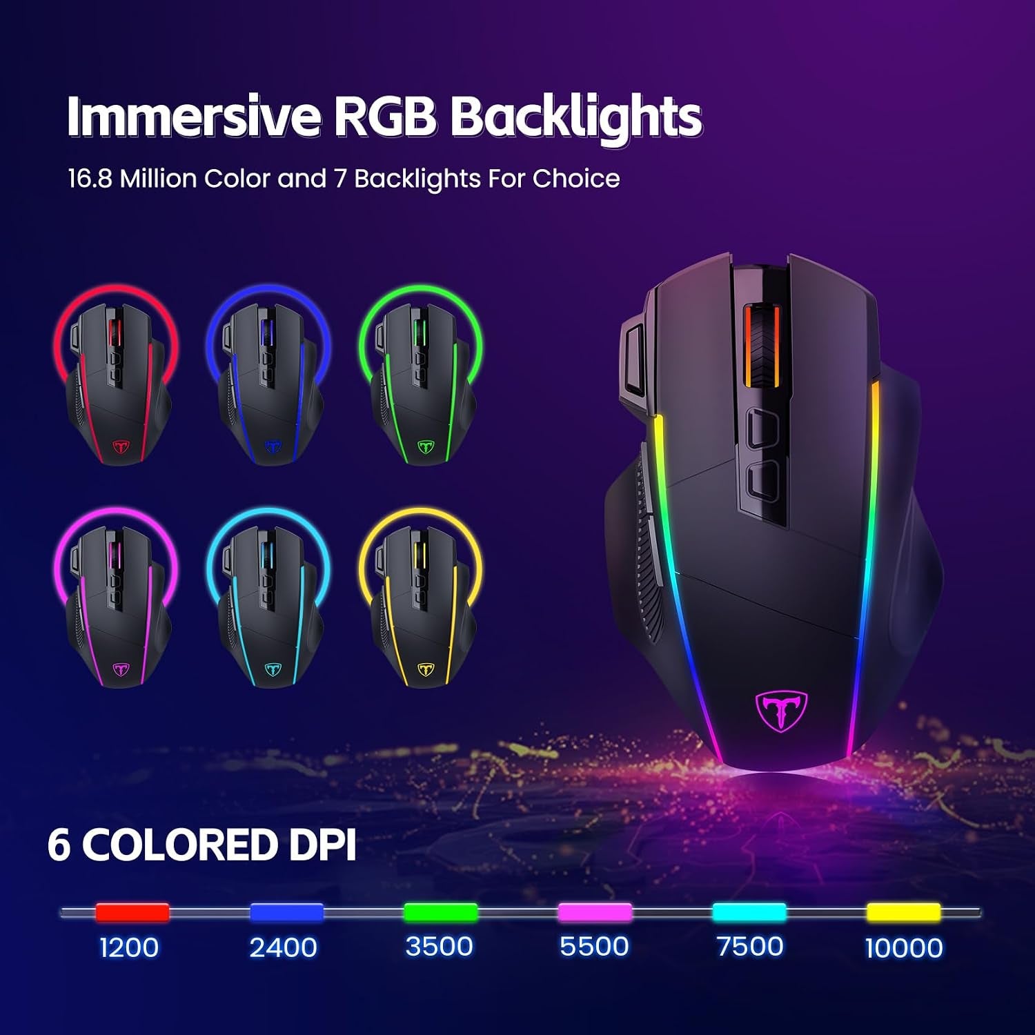 Wireless Gaming Mouse, 2.4G/Usb-C/Bluetooth, up to 10,000DPI, RGB Backlit