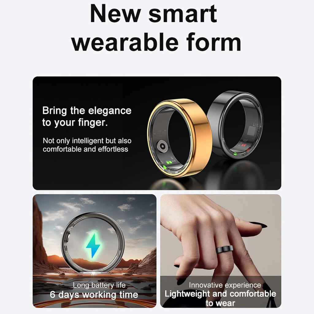 Smart Ring Health Tracker with APP, Fitness Sleep Monitor, Magnetic Charging, Waterproof Ring for Women and Men (BLACK)