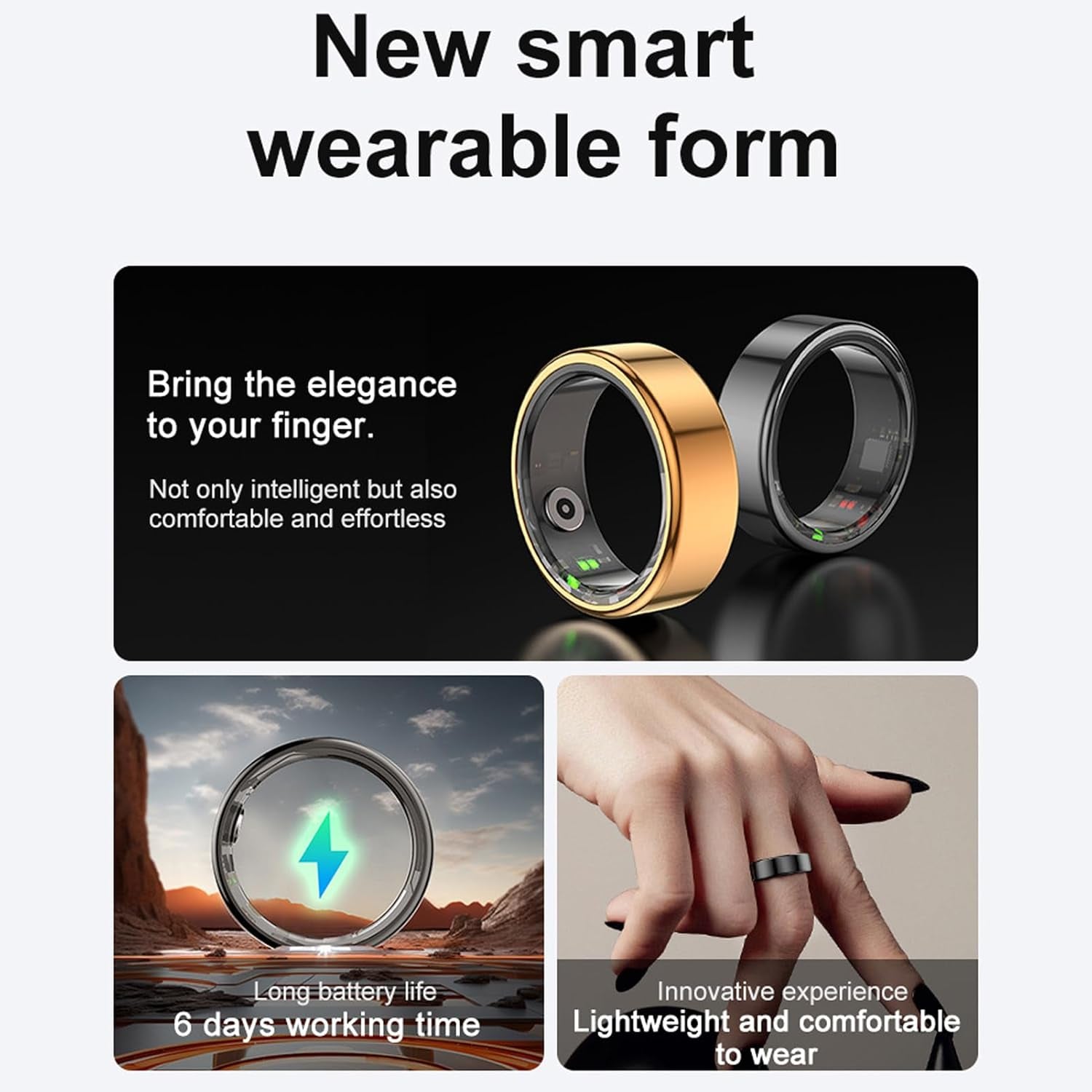 Smart Ring Health Tracker with APP, Fitness Sleep Monitor, Magnetic Charging, Waterproof Ring for Women and Men (BLACK)