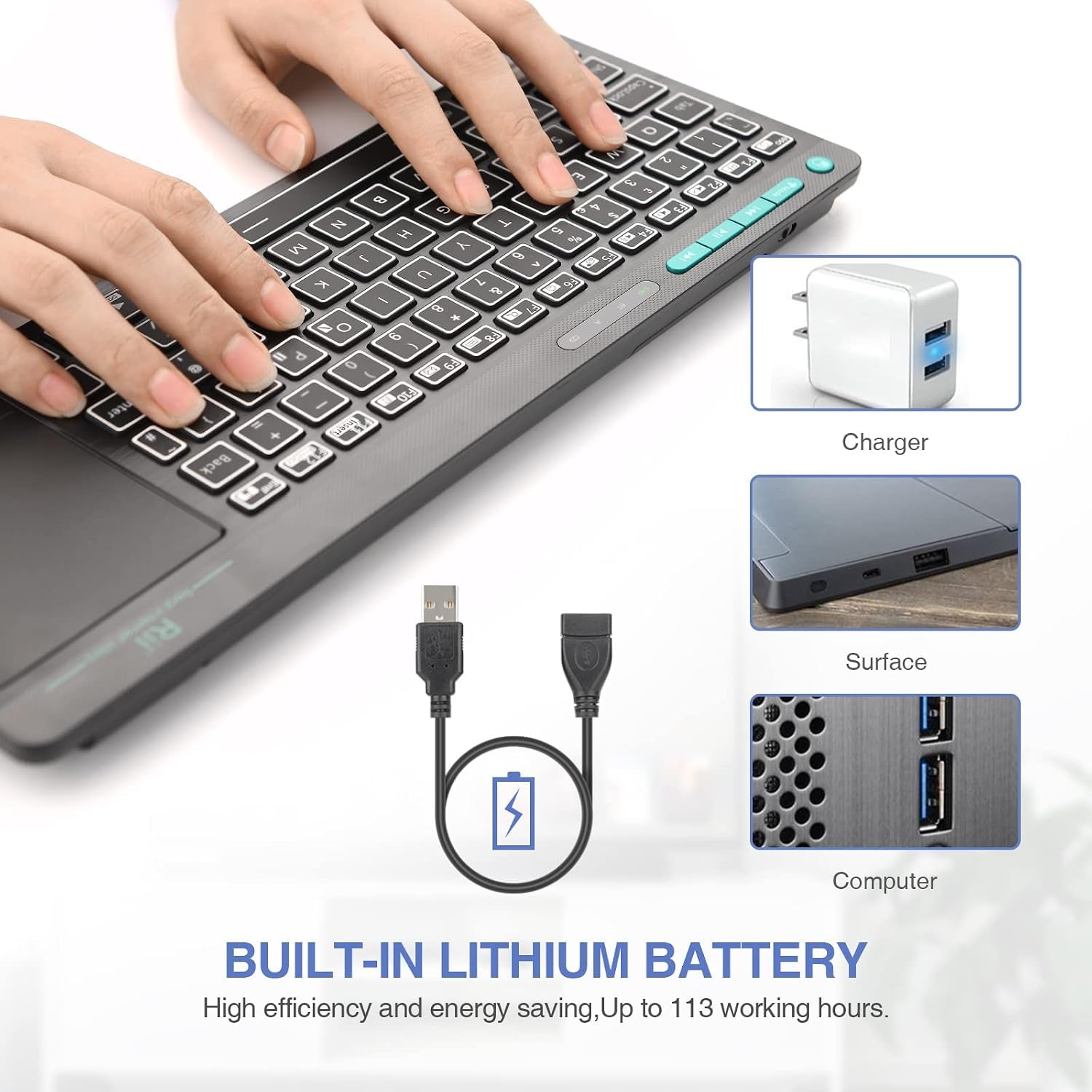 Wireless Keyboard with Touchpad, RT518S Bluetooth Keyboard Dual Mode Backlit Multimedia Keyboard Rechargeable for Android TV Box,Pc,Tablets,Smart TV, HTPC, Iptv,Windows