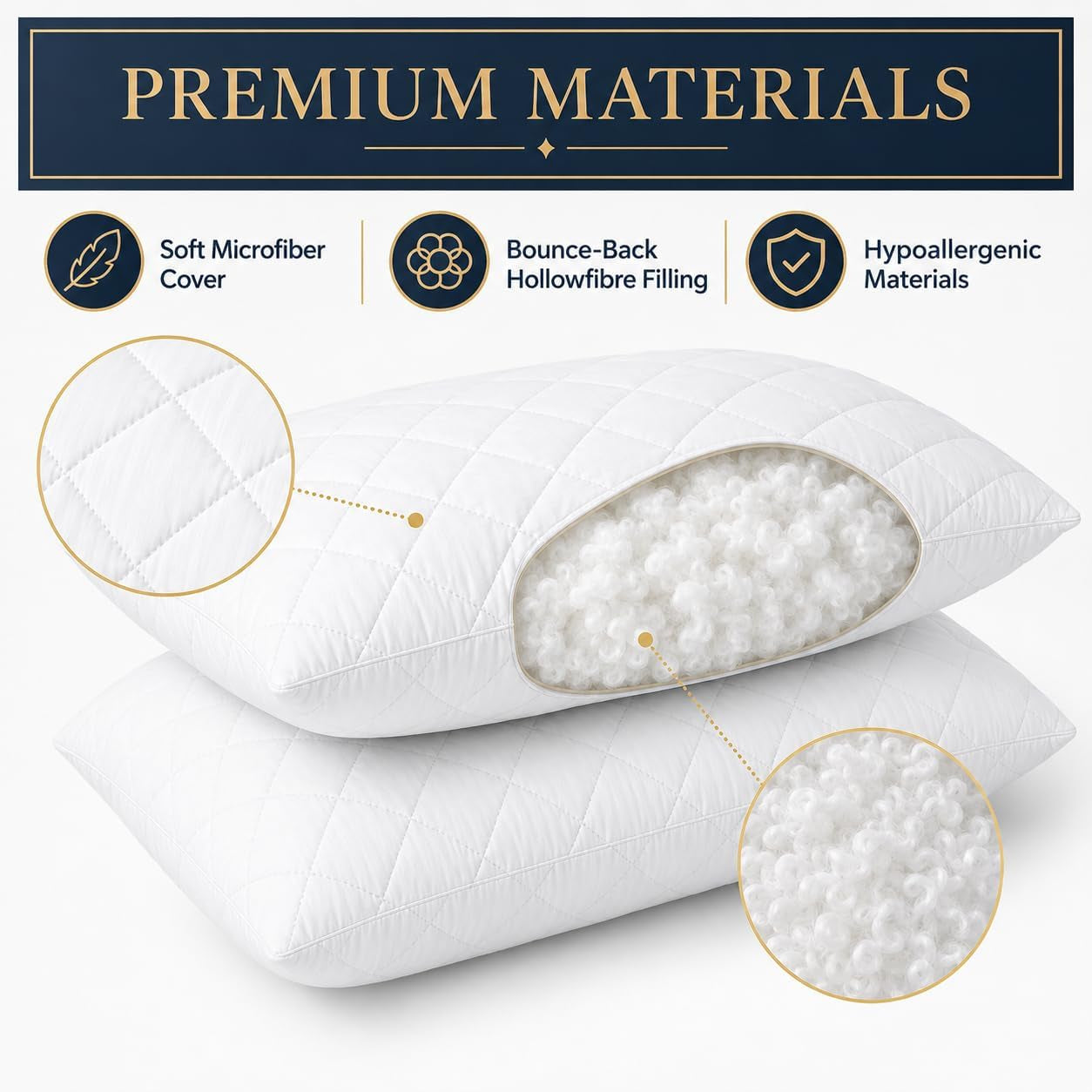 4 Pack Hotel Quality Stripe Pillow - Bounce Back Pillow Cotton Blend with Virgin Hollowfibre - Firm Support anti Allergy Machine Washable - 48X74Cm White Stripe - Pack of 4