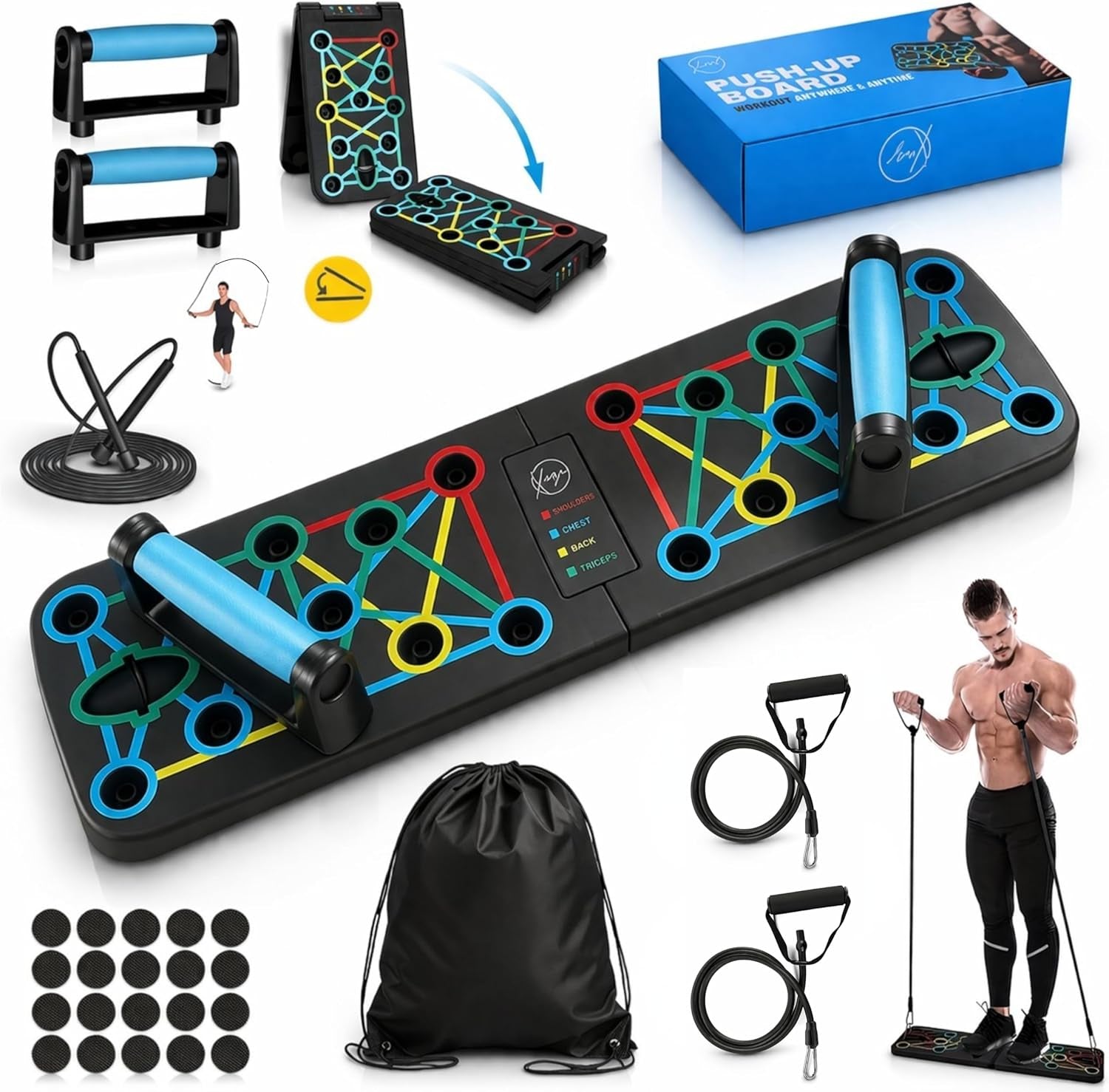 Push up Board with Jump Rope | Multi-Function Foldable Portable Press up Board - Ultimate Home Gym Set, Storage Bag, Resistance Bands & Workout Guide - Great Gift for Men & Women