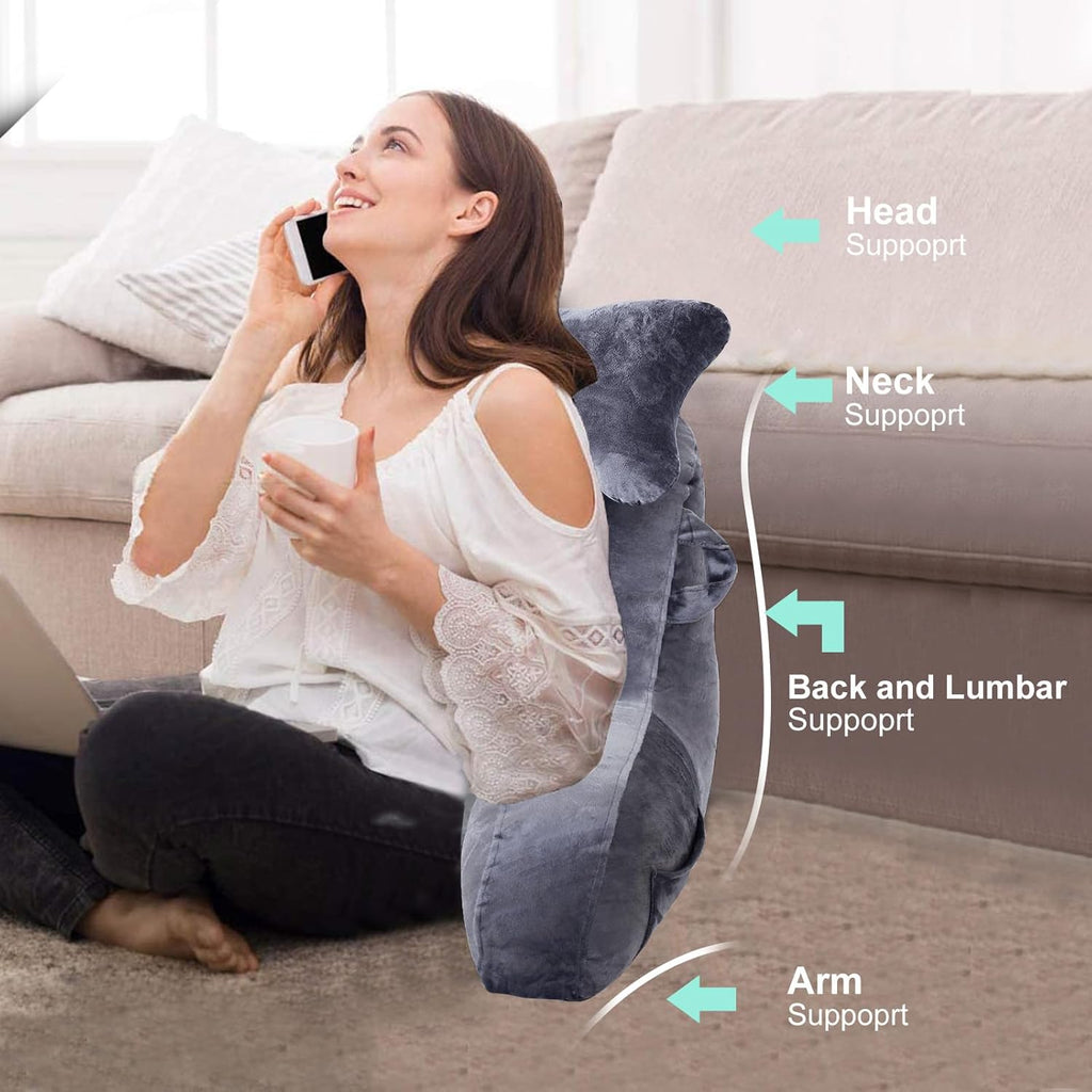 Reading Pillow for Sitting in Bed Couch Adult, Back Pillow with Arm Support and Pockets, Adult Back Pillow Bed Chair for Bed Rest, Reading, Watching TV, Gaming for Boys and Girls Dark Grey