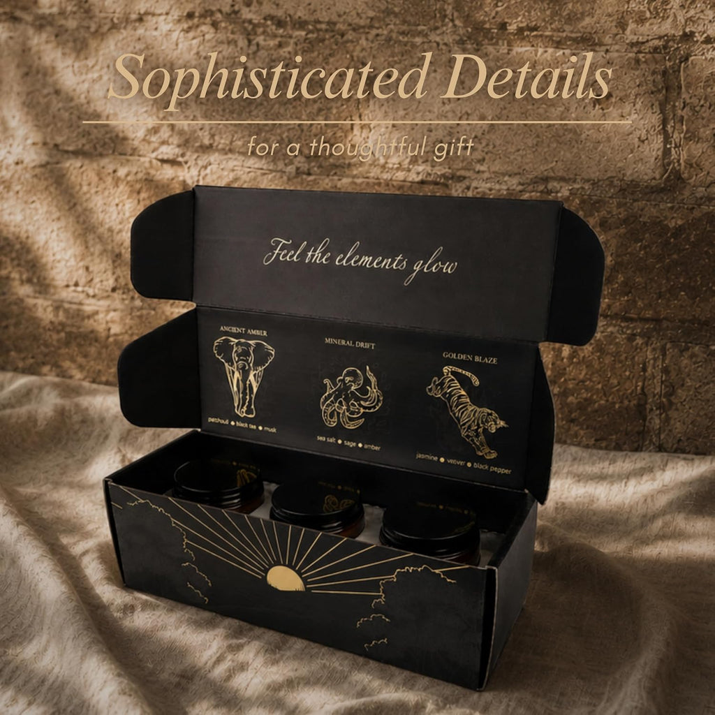 | Scented Candle Gift Set | Origins Collection | 3 Luxury Soy Wax Candles | Wooden Wick | 3×100G | Amber, Black Pepper & Sea Salt | Gift for Him - Birthday, Christmas & Father'S Day