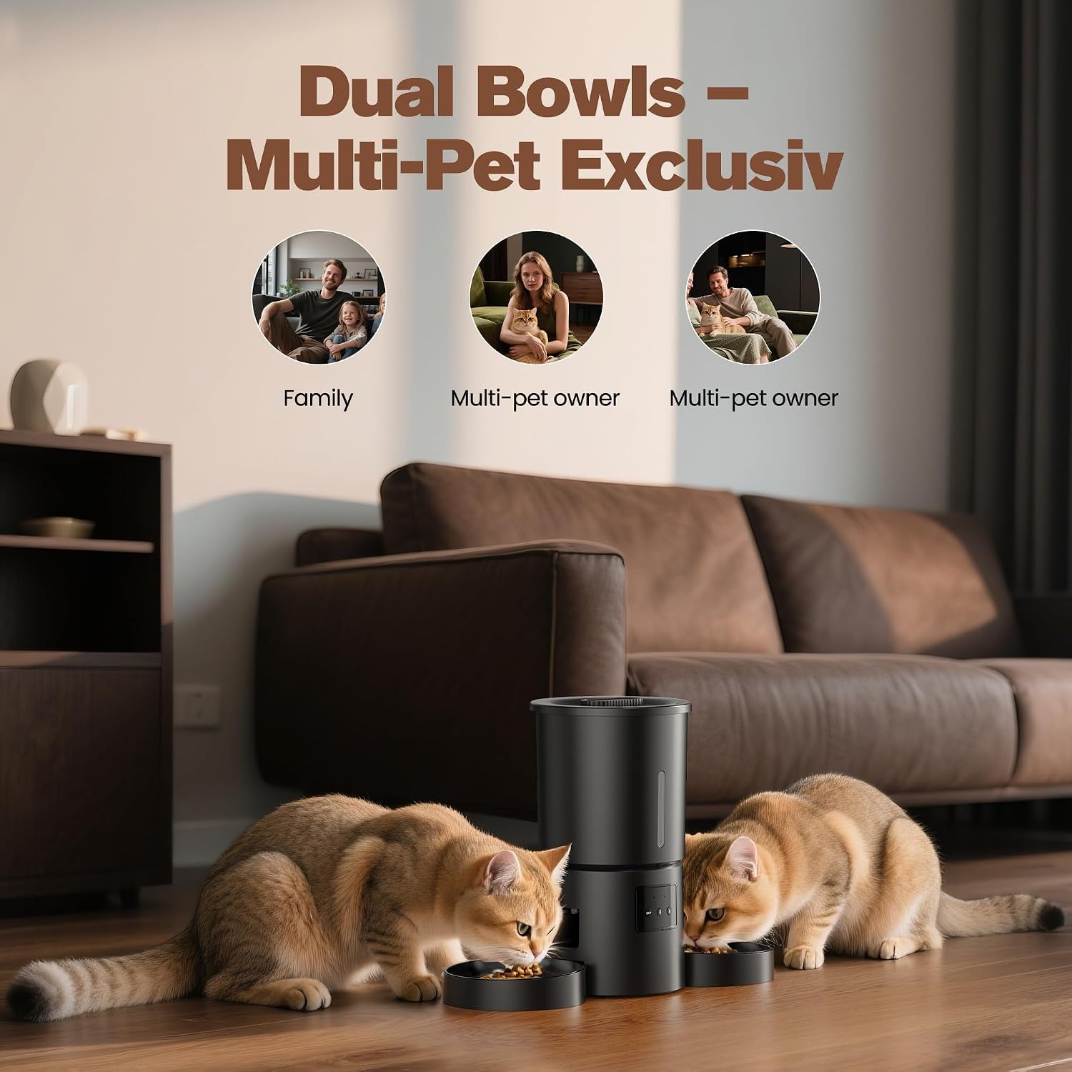 Automatic Cat Feeder with 2 Bowls: 5L Automatic Cat Feeder for 2 Cats with 2.4G Wifi & App Timer for Dry Food -  Dual Bowl Design for Mult Cats & Dogs - Black