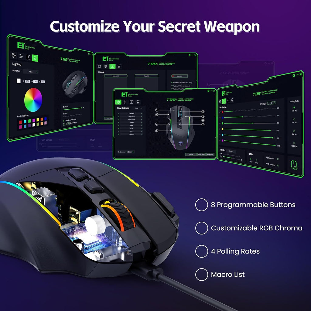 Wireless Gaming Mouse, 2.4G/Usb-C/Bluetooth, up to 10,000DPI, RGB Backlit