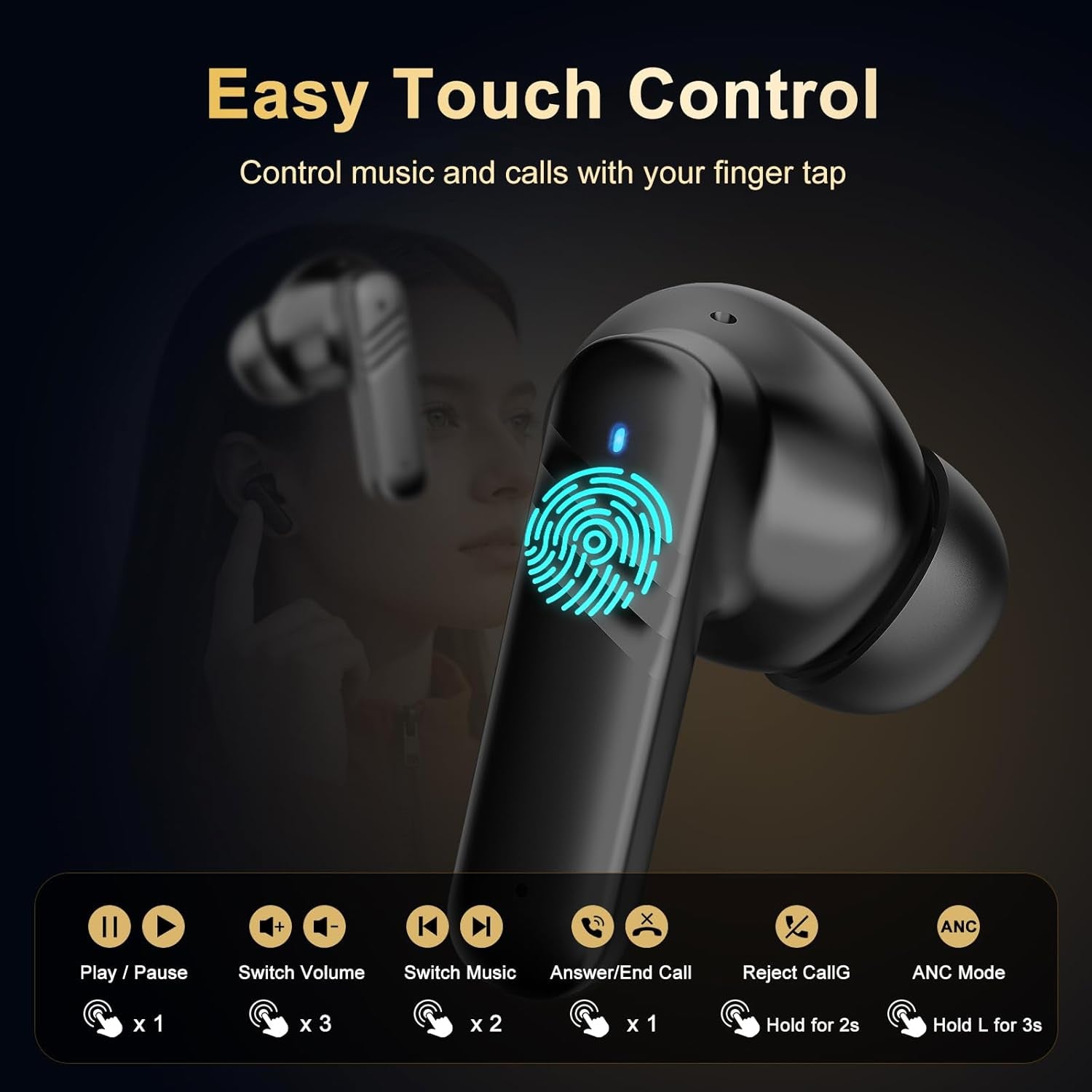 Wireless Earbuds with Smart Touch Screen, in Ear Headphones with 10Mm Drivers for Big Bass, 24H Playtime Hi-Fi Stereo Sound, ANC/ENC ​Noise Cancelling,Ipx5,Earphones for Iphone Android Sports​