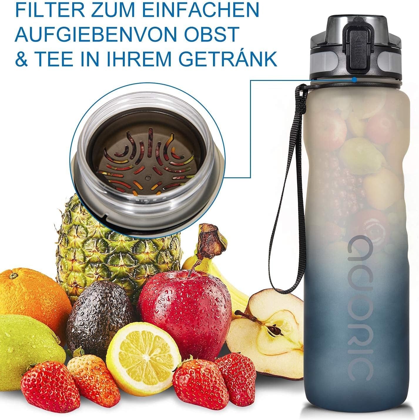 Water Bottle 1L, BPA Free Tritan Leakproof Gym Bottle, Gradient Gray