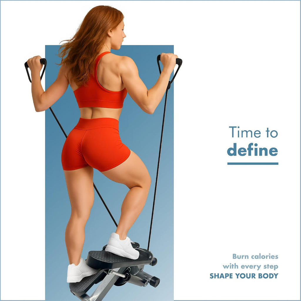Mini Steppers for Exercise Workout with Resistance Bands and LCD Display 5 Functions — Stepper 3-In-1 for Legs, Glutes and Arms — Adjustable Intensity — Easy to Store Home Workout Equipment