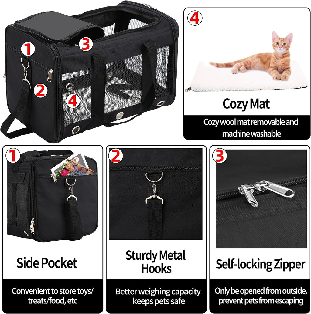 Dycietx Soft Sided Foldable Cat/Dog/Pet/Puppy Carrier Bag, Portable Pets Travel Carriers for Cats/Dogs with Shoulder Strap & Removable Mat, Durable Cat Basket of 17 Lbs Airline Approved(Black, M)