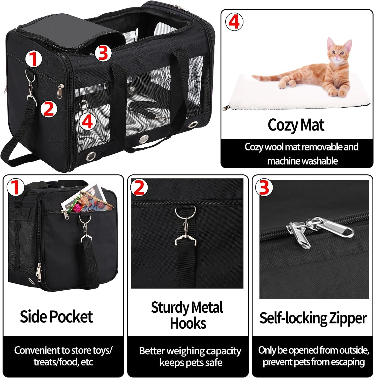 Dycietx Soft Sided Foldable Cat/Dog/Pet/Puppy Carrier Bag, Portable Pets Travel Carriers for Cats/Dogs with Shoulder Strap & Removable Mat, Durable Cat Basket of 17 Lbs Airline Approved(Black, M)