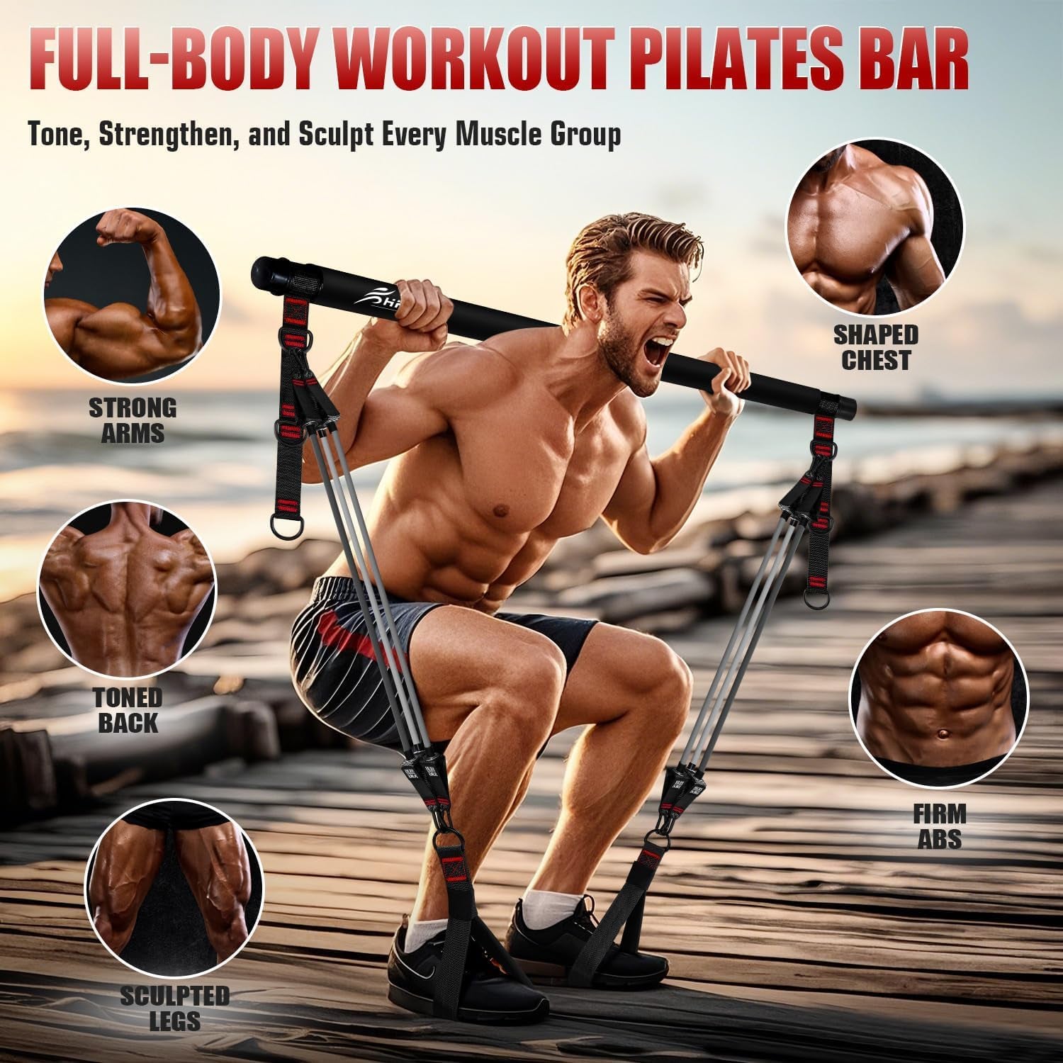 Pilates Bar Kit with Resistance Bands, Heavy Multifunctional 270Lbs Pilates Equipment for Strength Training, Abs, Back, Arms, Portable Home Gym & Travel Fitness Gear, Exercise Bands for Men