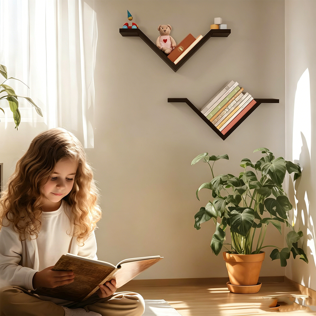 V-shaped wall mounted floating bookshelf