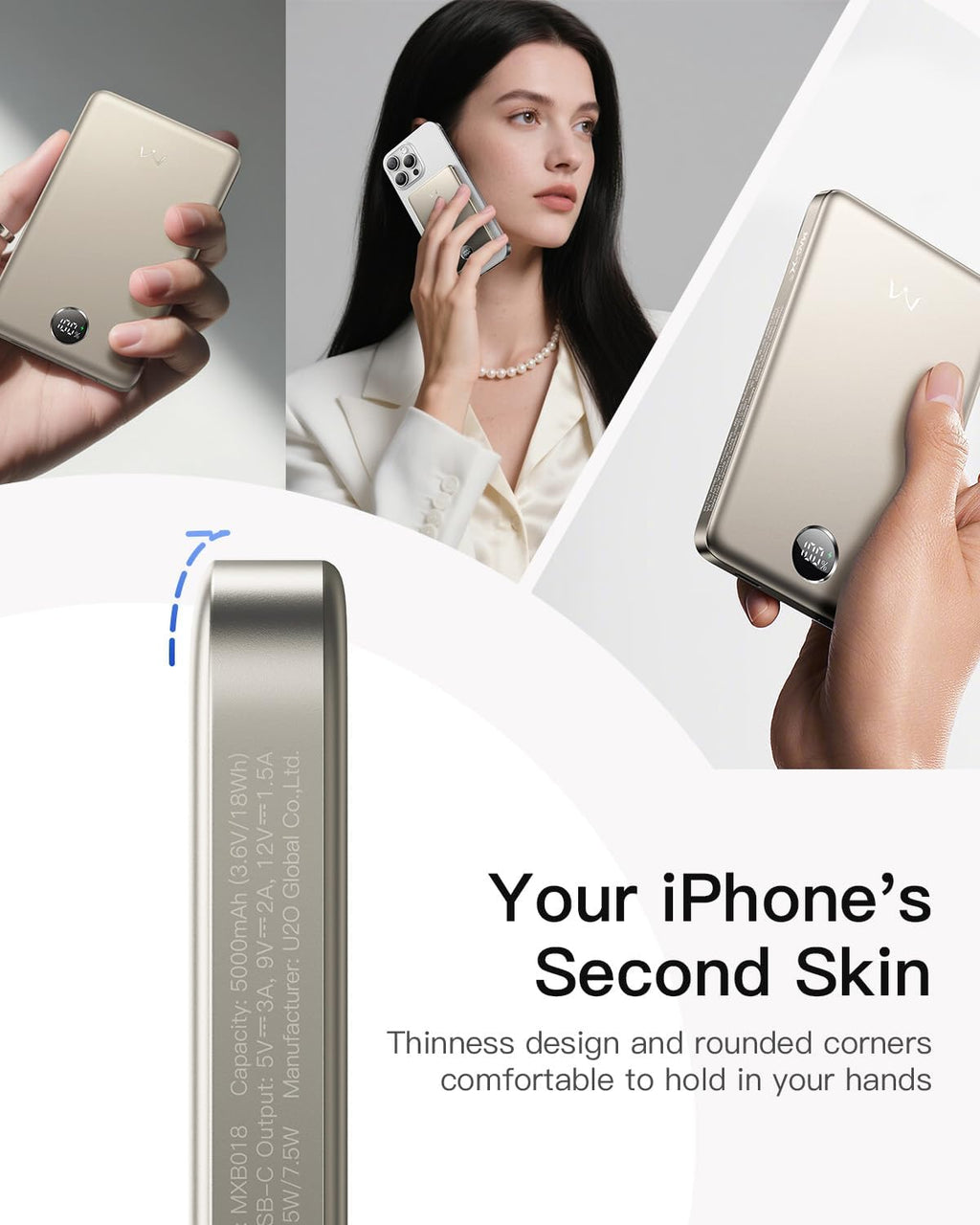 Magnetic Portable Charger, 5,000Mah Ultra-Slim Power Bank Wireless Charging Battery Pack with LED Power Display, Comfortable Grip Powerbank Compatible with Iphone 17/16/15/14/13 Series,Starlight
