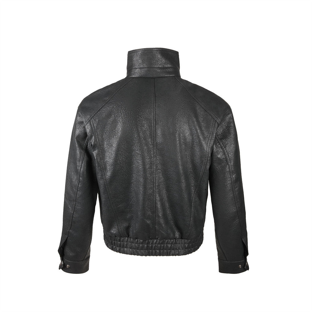 Stand collar short leather jacket for men