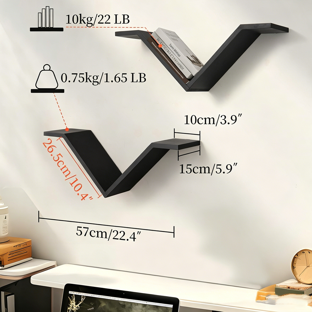 V-shaped wall mounted floating bookshelf