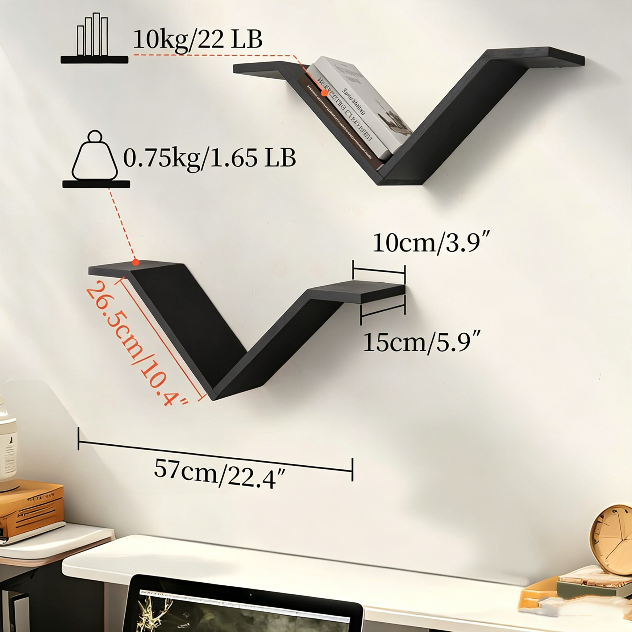 V-shaped wall mounted floating bookshelf