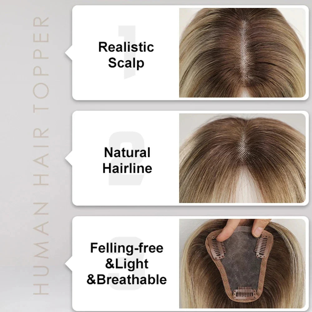 Ash Gray Brown 100% Remy Human Hair Toppers Clips
