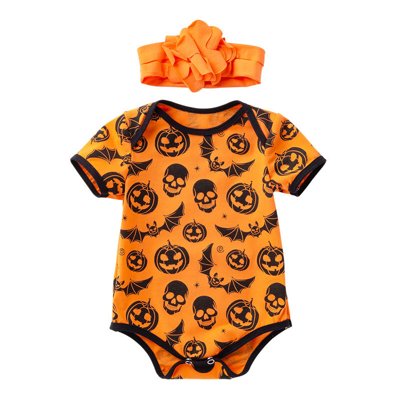Halloween Baby Onesie Printed Short Sleeve Romper with Accessories 2-Piece Set Newborn Baby Party Outfit