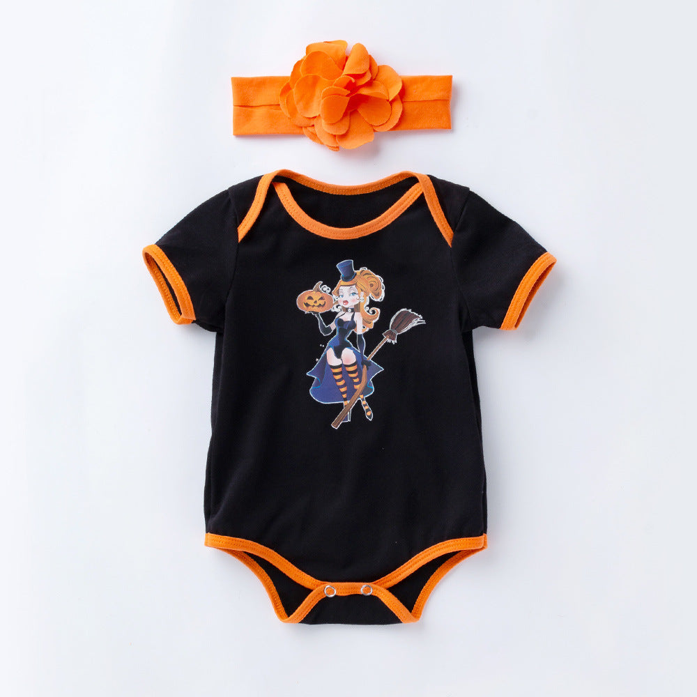 Halloween Baby Onesie Printed Short Sleeve Romper with Accessories 2-Piece Set Newborn Baby Party Outfit