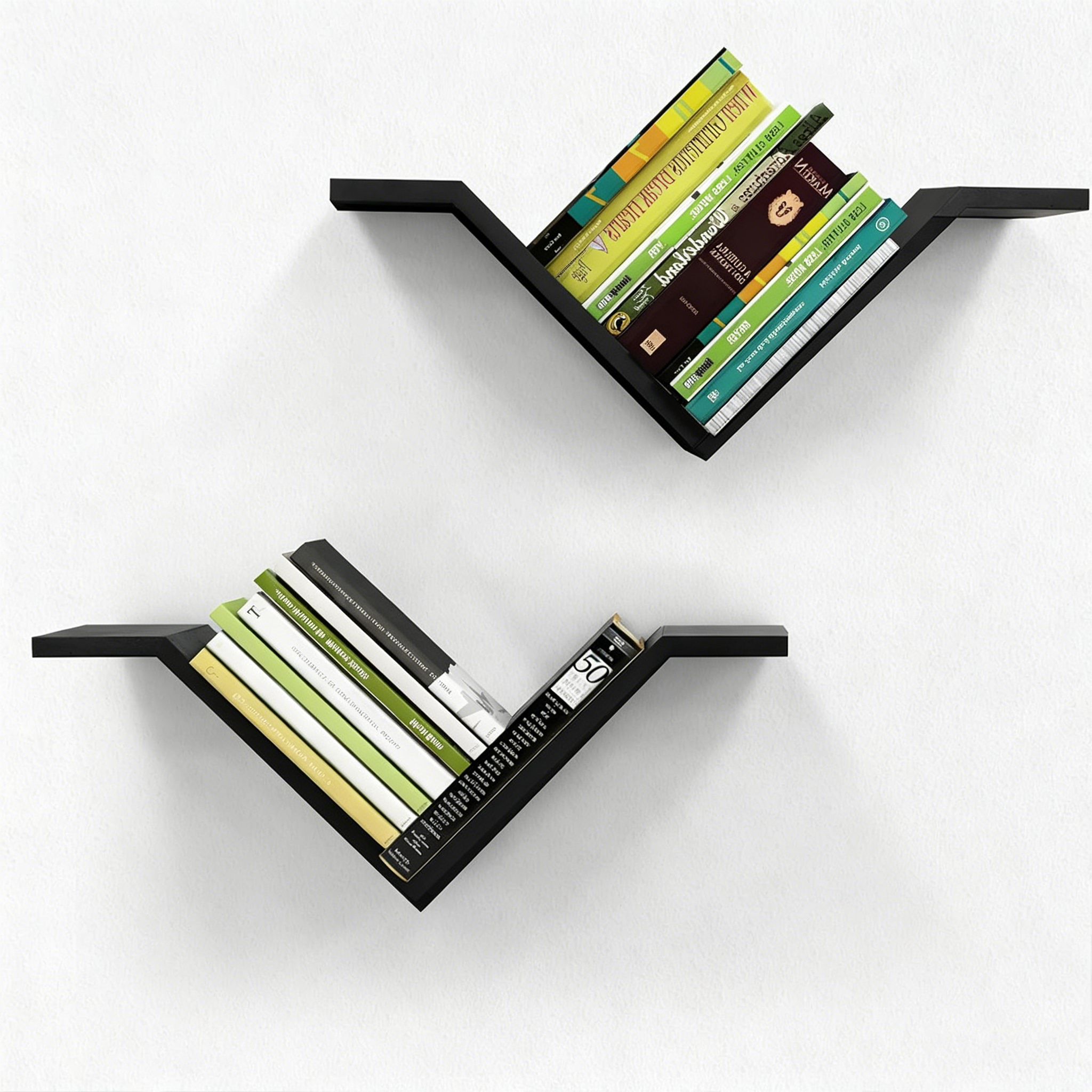 V-shaped wall mounted floating bookshelf