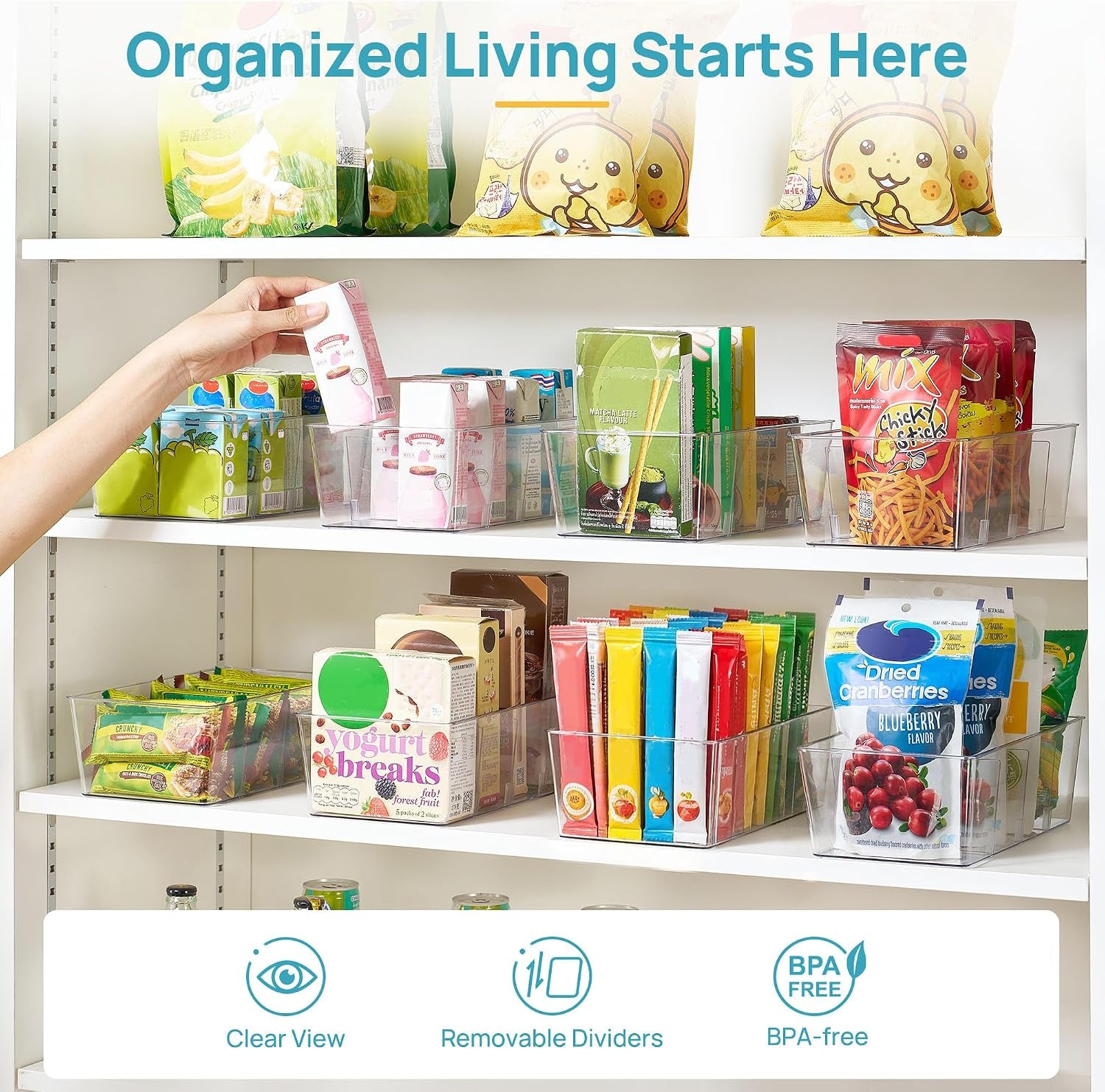 Food Storage Organizer Bins, Clear Plastic Bins for Pantry 4 Pack