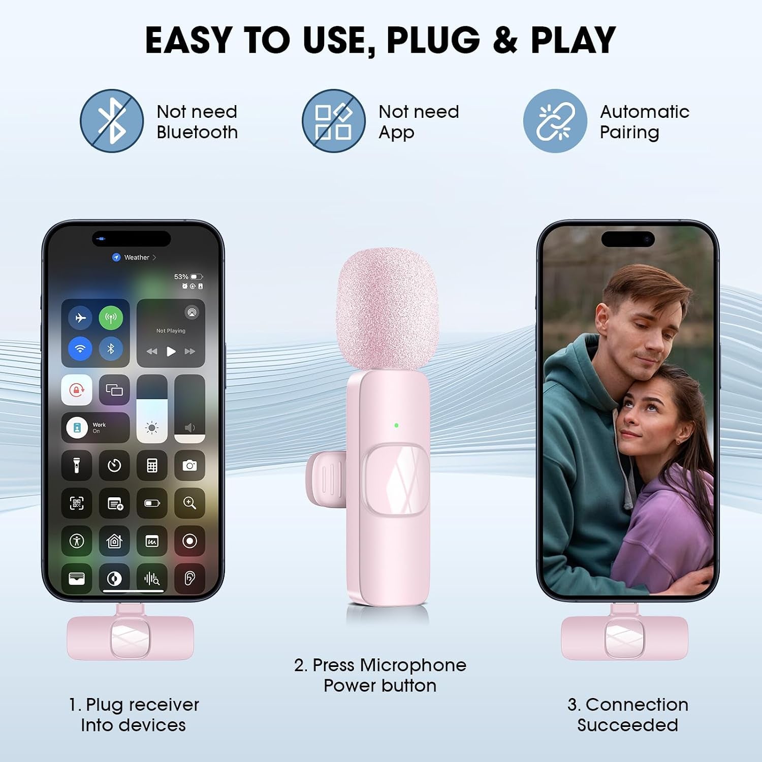 Wireless Microphone for Android Phone/Iphone/Laptop, Lavalier Microphone for Video Recording, Vlog, Live Broadcast (Pink)