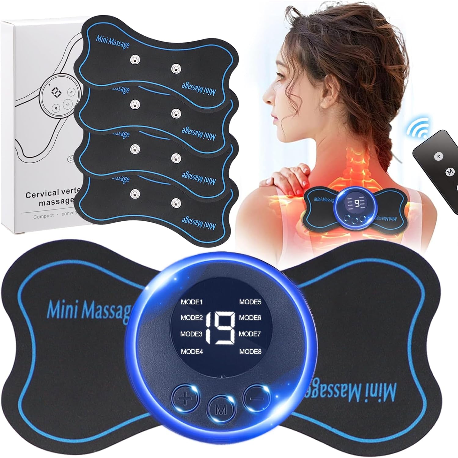 2PCS Mini Neck Massager, Body Massage & Cervical Massagers, Whole Body Massager, Shoulder Electric Massagers, Ratigue Relief for Arms, Neck, Back, Waist, and Legs | 6 Patches | Remote Control