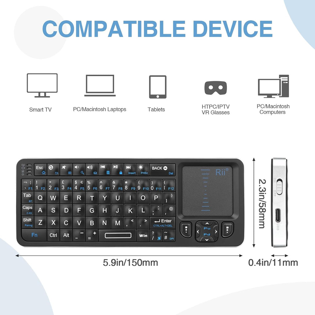 Mini Wireless Keyboard with Trackpad, IR Remote, Small Keyboard for Home Entertainment, Smart TV, Mac, Laptop, Windows, Tablet, Projector (2.4G+Bluetooth, Rechargeable, Backlit)
