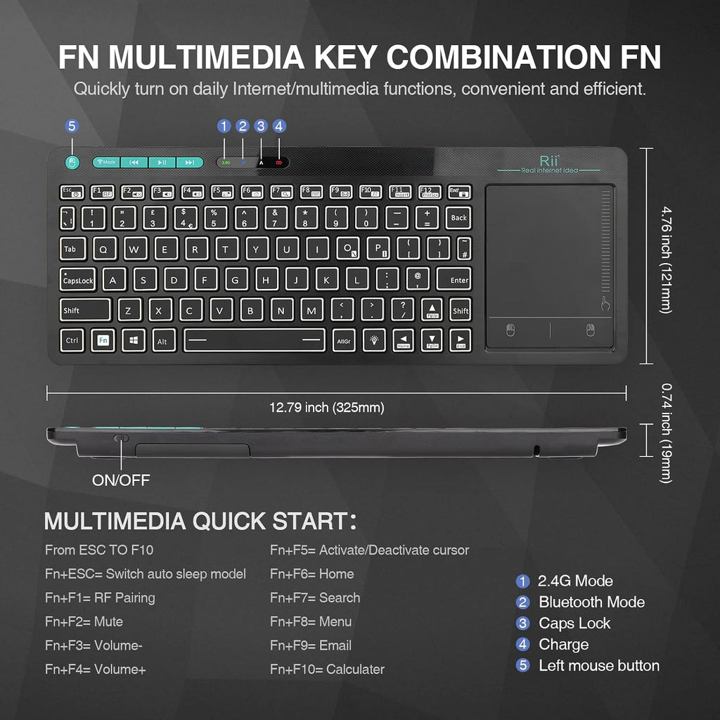 Wireless Keyboard with Touchpad, RT518S Bluetooth Keyboard Dual Mode Backlit Multimedia Keyboard Rechargeable for Android TV Box,Pc,Tablets,Smart TV, HTPC, Iptv,Windows