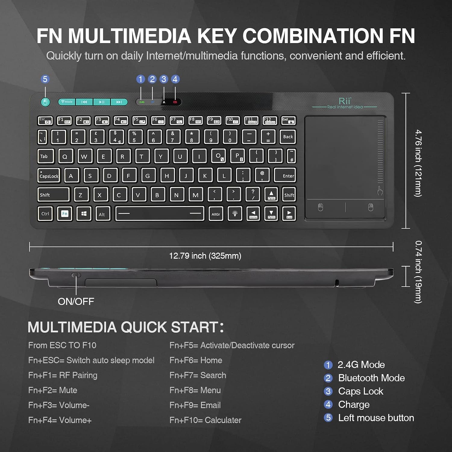 Wireless Keyboard with Touchpad, RT518S Bluetooth Keyboard Dual Mode Backlit Multimedia Keyboard Rechargeable for Android TV Box,Pc,Tablets,Smart TV, HTPC, Iptv,Windows
