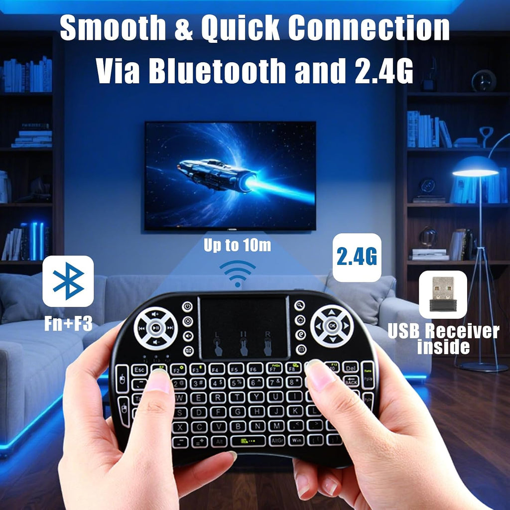 Mini Bluetooth Keyboard with Touchpad, 2.4Ghz Wireless Multimedia Keyboard Handheld Remote, 7 Colors Small Keyboard with Backlit Rechargeable Battery for PC Laptop Smart TV Raspberry Pi KODI TV Box