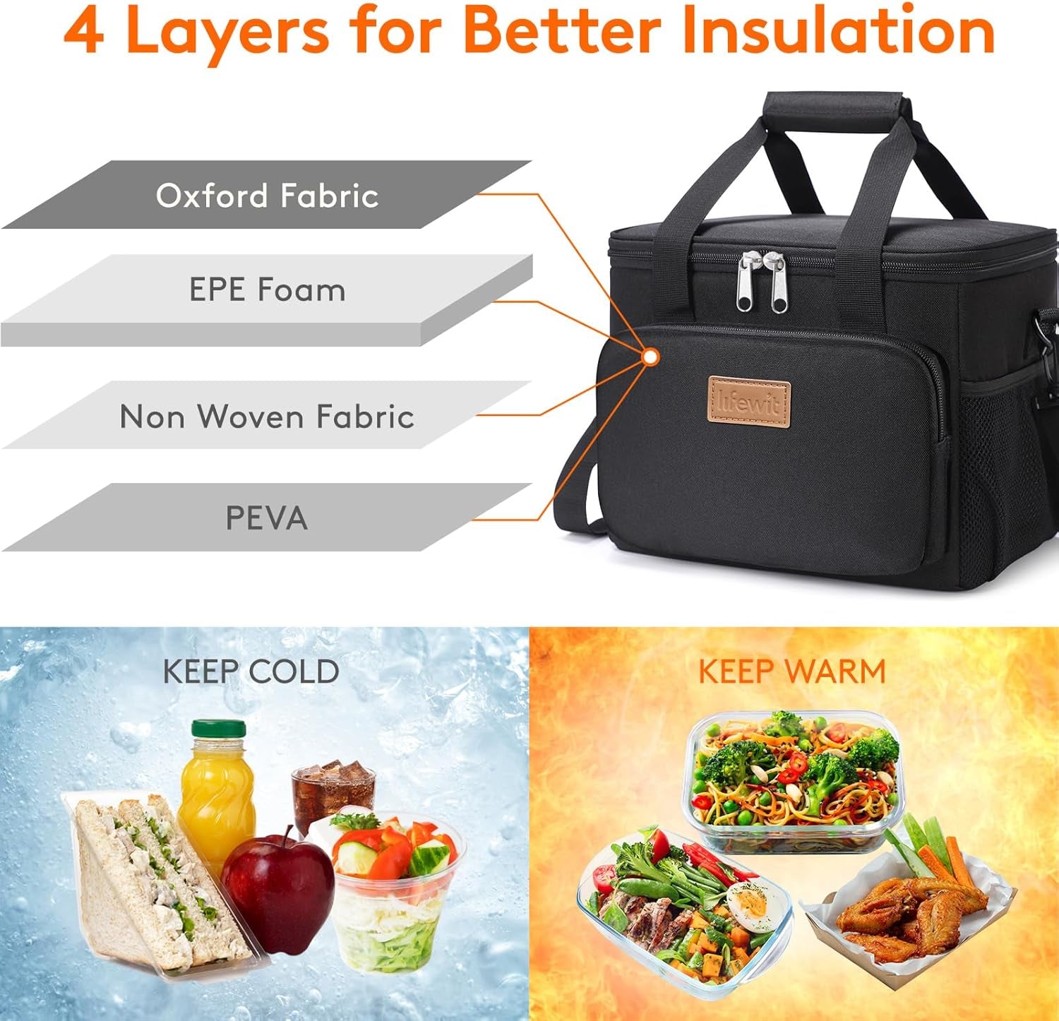 Lunch Bag 9L 12 Can Insulated Lunch Box Soft Cooler Cooling Tote for Adult Men Women, Black
