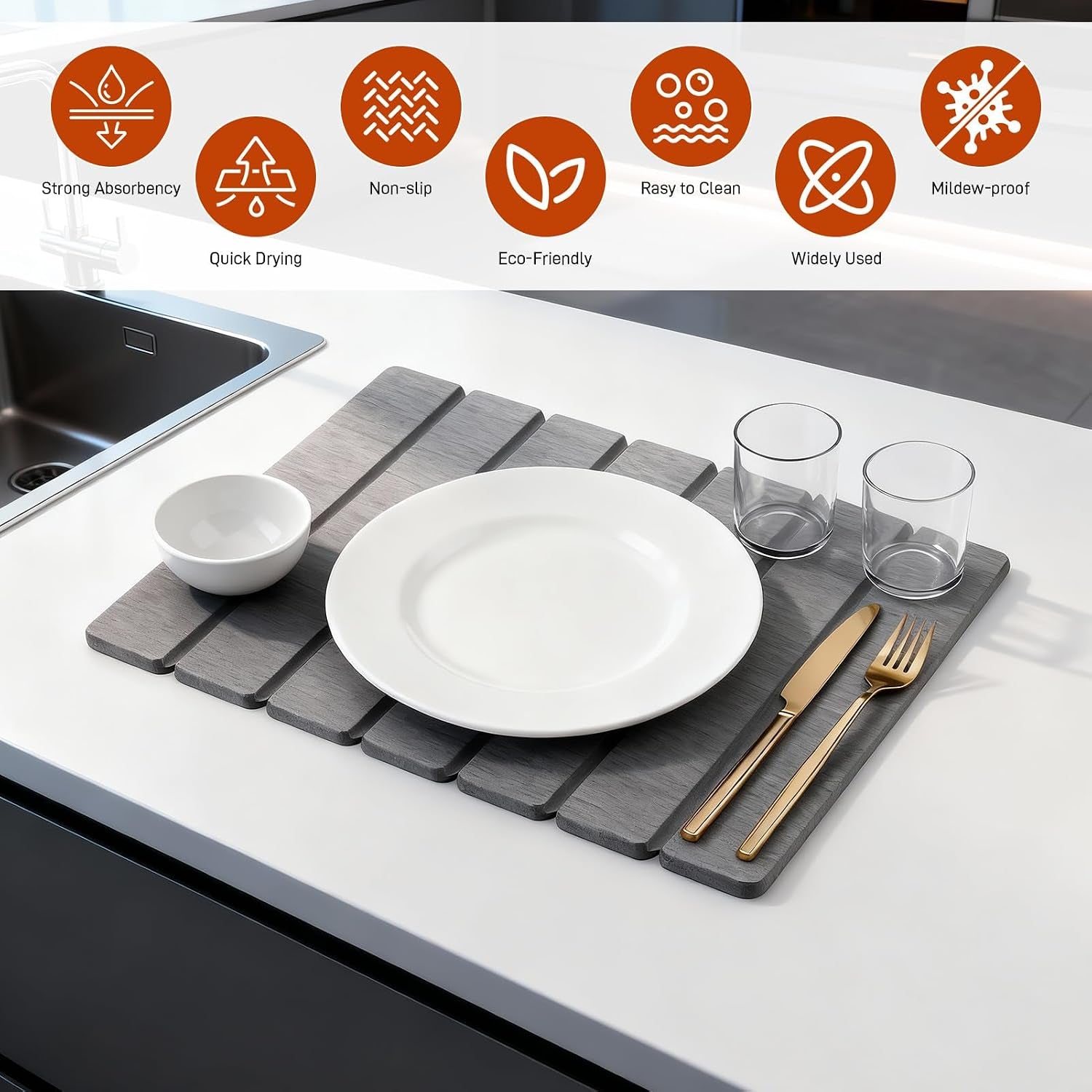 40X30Cm Stone Drying Mat for Kitchen Counter (Dark Grey)