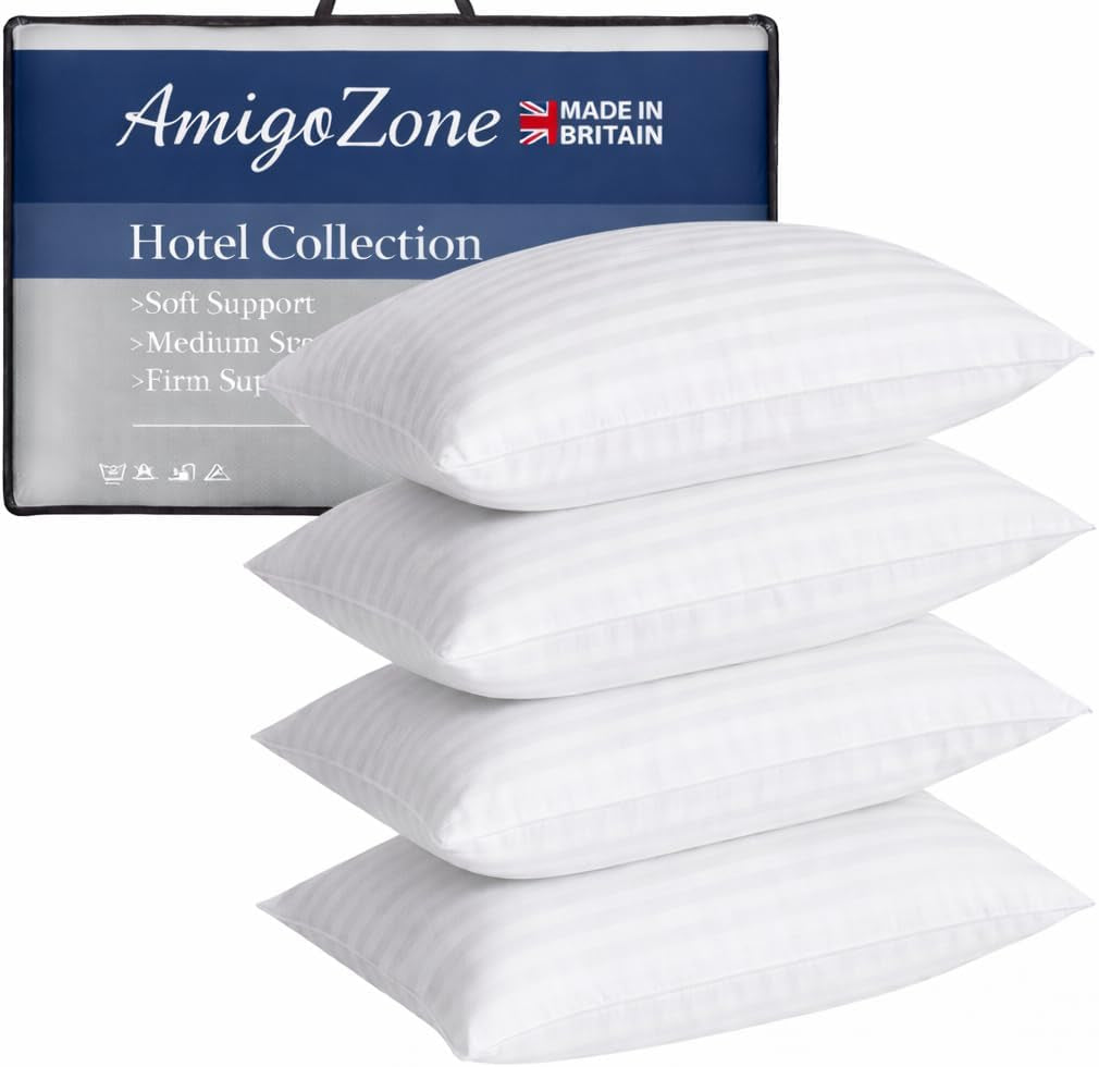 4 Pack Hotel Quality Stripe Pillow - Bounce Back Pillow Cotton Blend with Virgin Hollowfibre - Firm Support anti Allergy Machine Washable - 48X74Cm White Stripe - Pack of 4